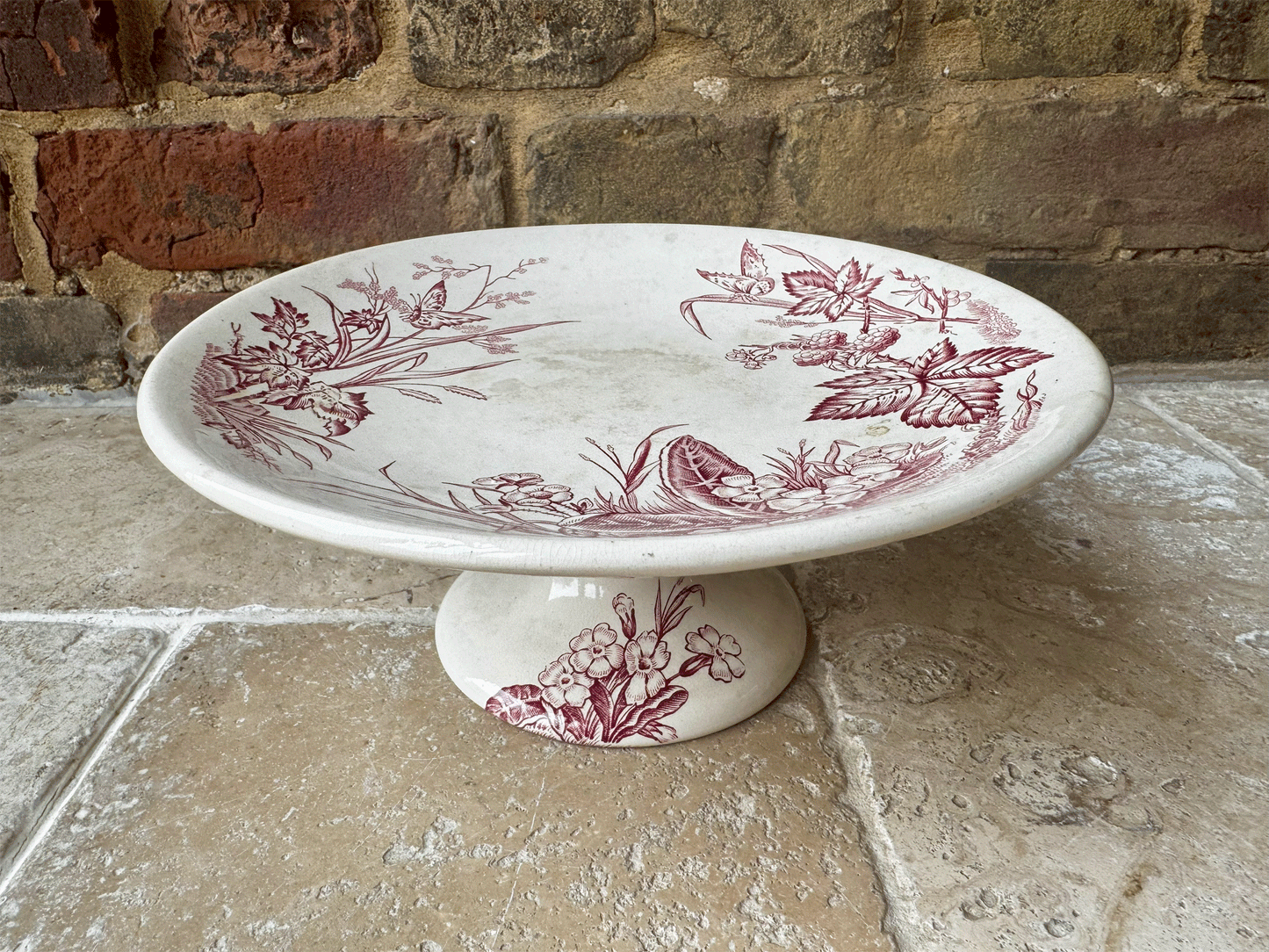 antique french white ironstone pink transferware terre de fer compotier compote dish butterflies flowers florals