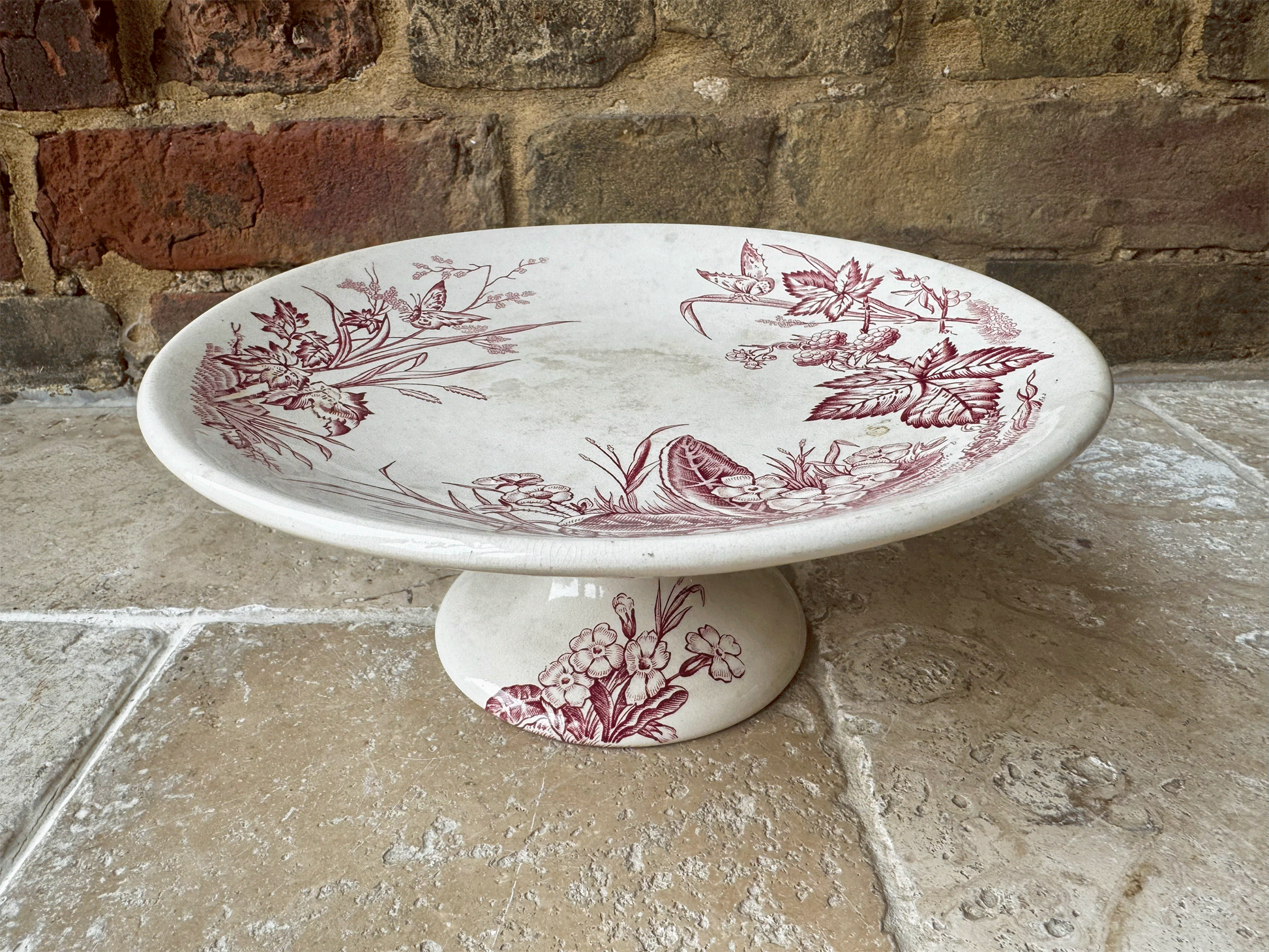 antique french white ironstone pink transferware terre de fer compotier compote dish butterflies flowers florals