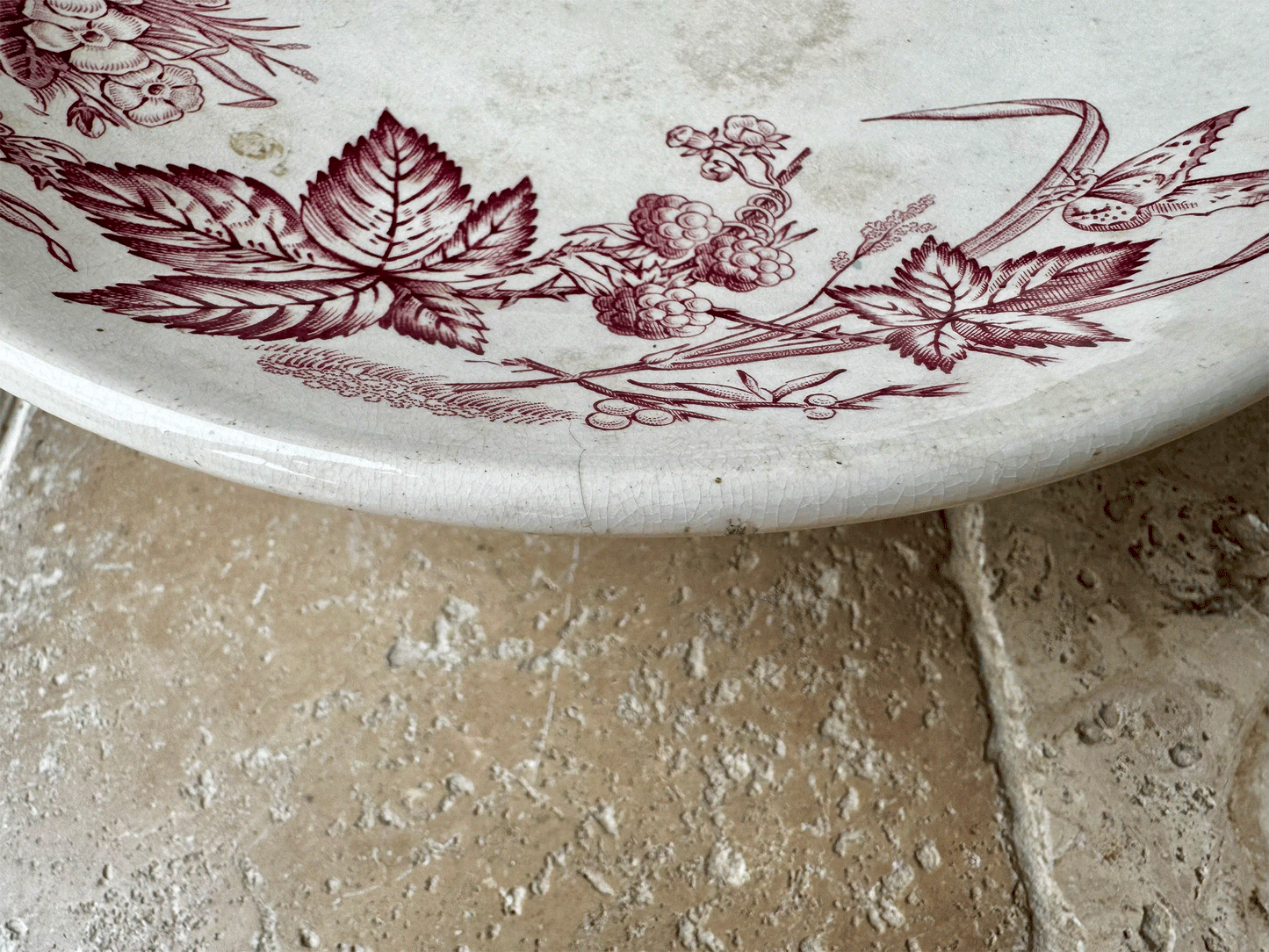 antique french white ironstone pink transferware terre de fer compotier compote dish butterflies flowers florals