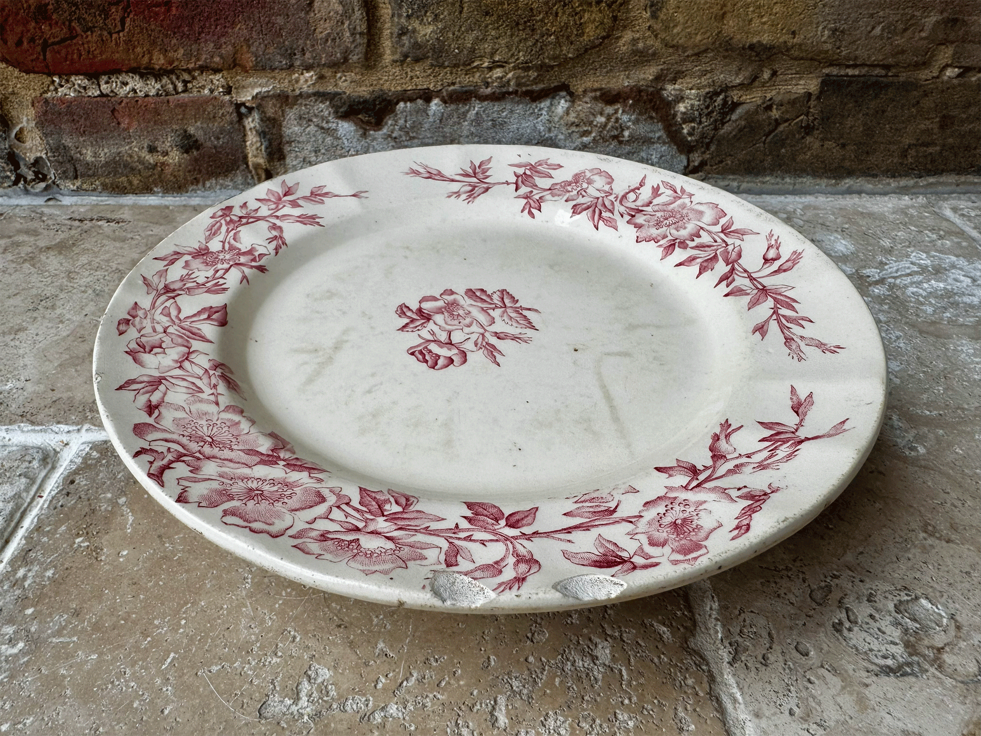 antique french pink transferware longchamp terre de fer ironstone compote compotier cake stand
