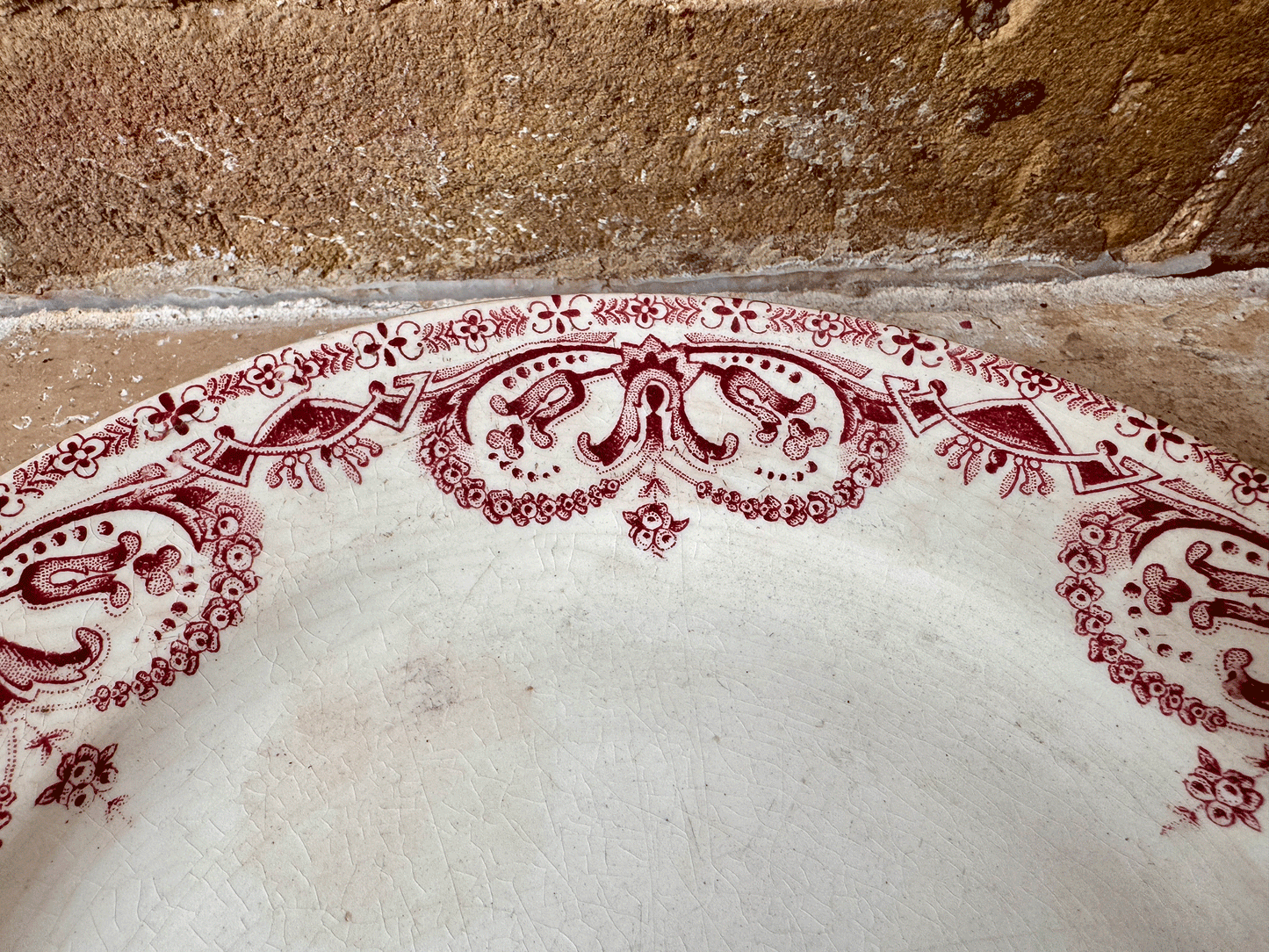 antique french caiffa guirlande pink red transferware assiette plate terre de fer ironstone