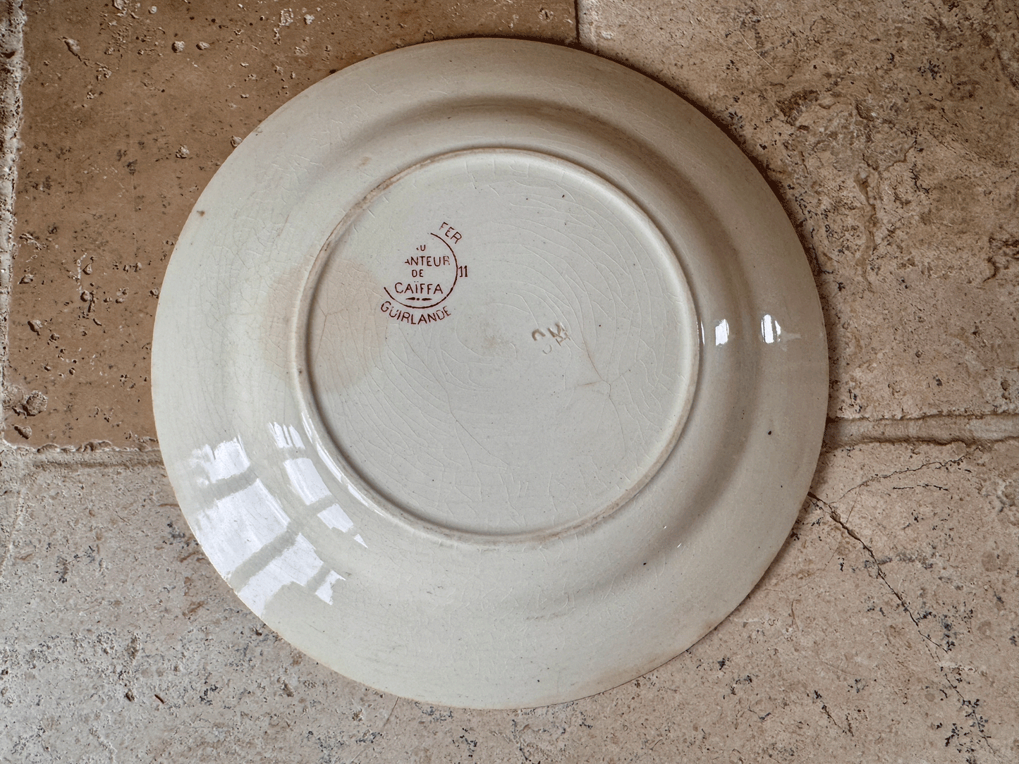antique french caiffa guirlande pink red transferware assiette plate terre de fer ironstone