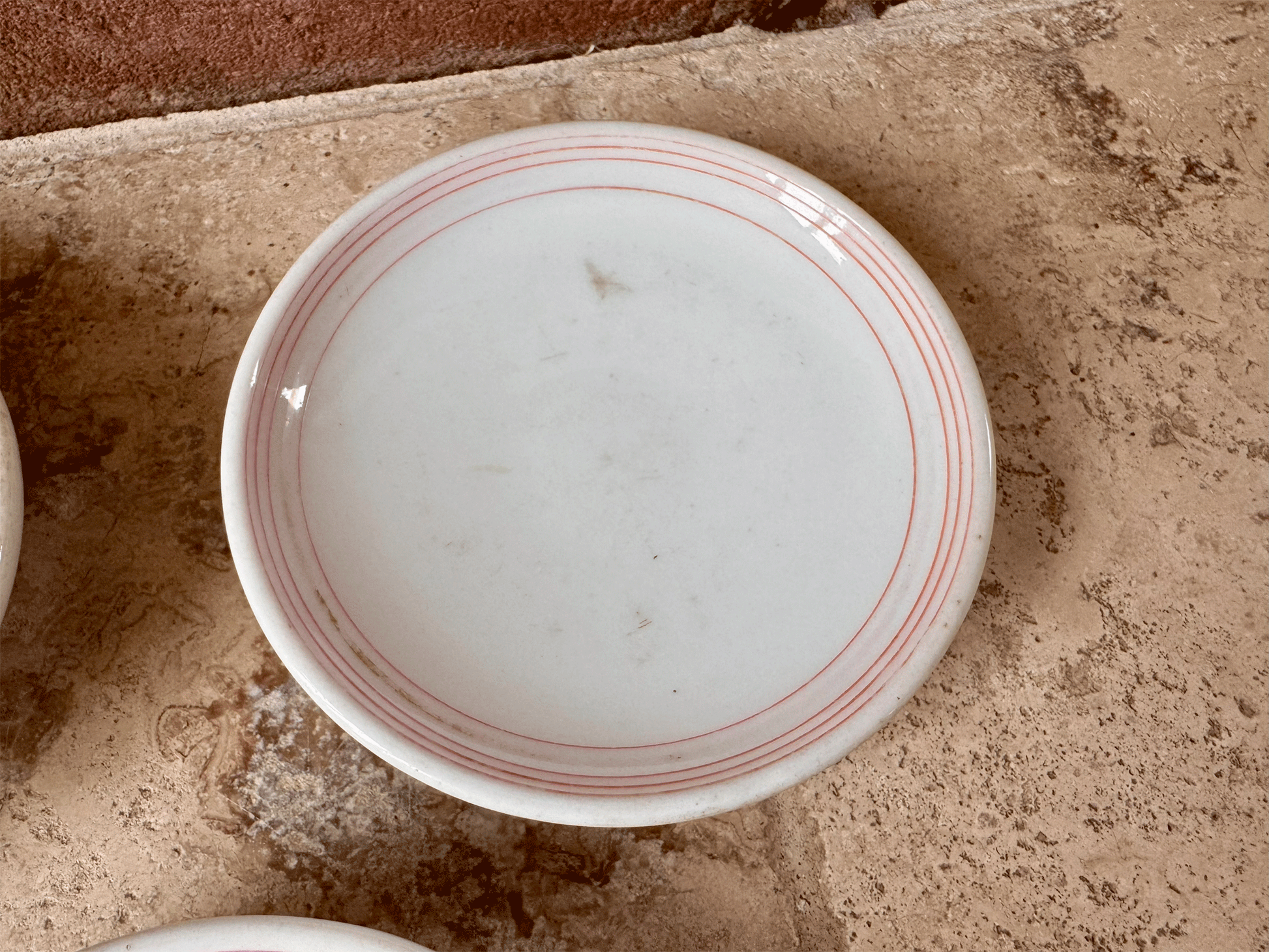 vintage antique french pink rimmed transferware ironstone terre de fer cafe plate dish saucer