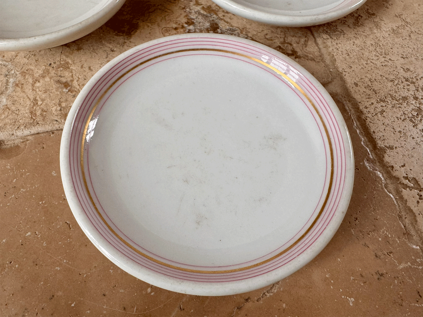 vintage antique french pink rimmed transferware ironstone terre de fer cafe plate dish saucer