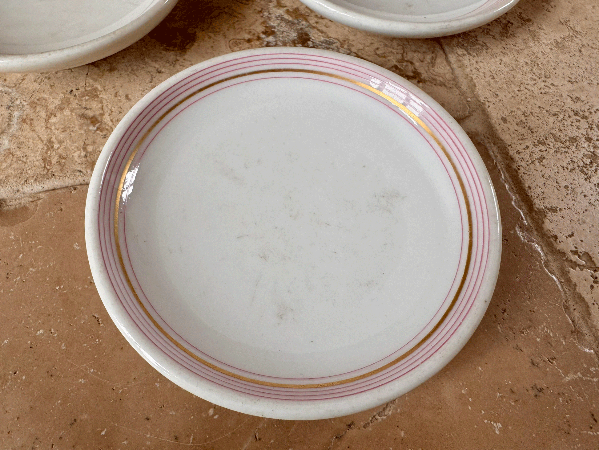 vintage antique french pink rimmed transferware ironstone terre de fer cafe plate dish saucer
