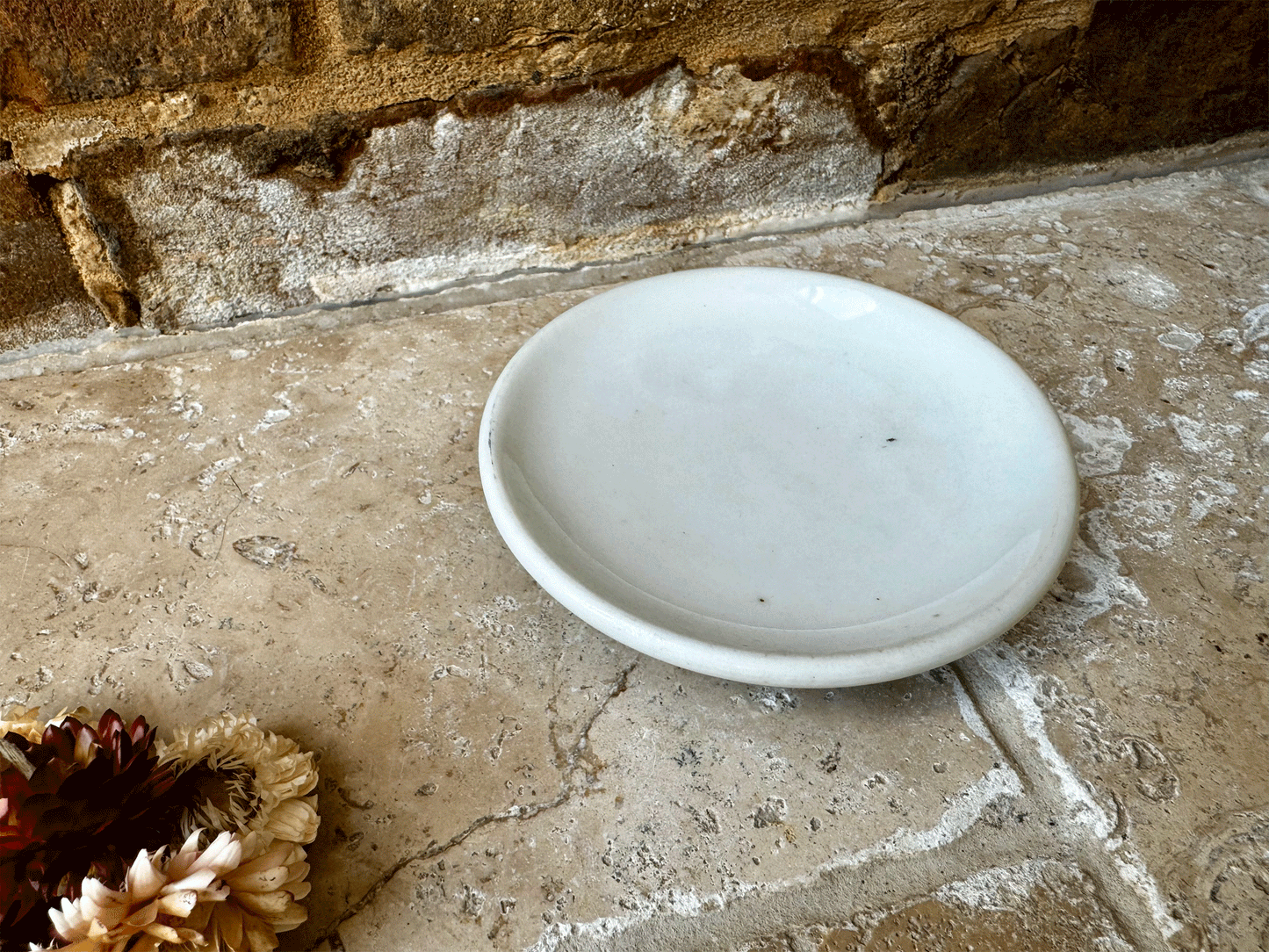 antique french large chunky chubby white ironstone butter pat dish