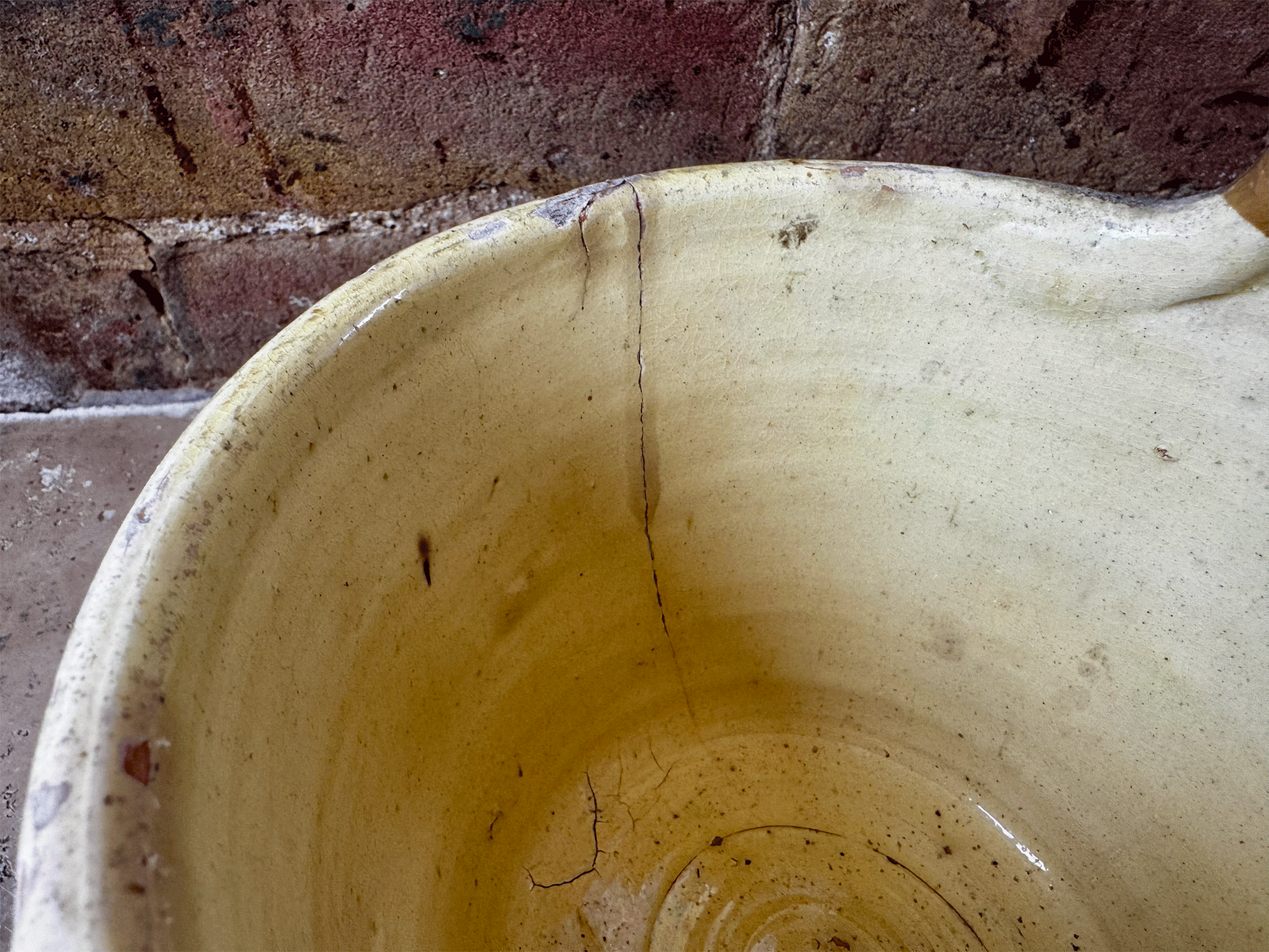 rare antique french 19th century earthenware terracotta yellow glazed milk pail seille pouring lip handle