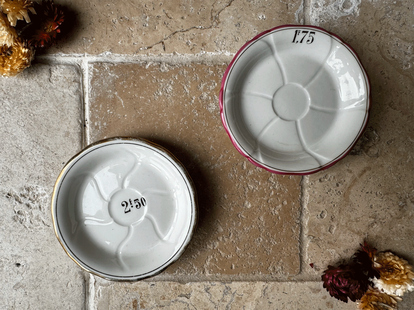 french antique white ironstone coloured rim cafe bar price tab tip dish snack plates