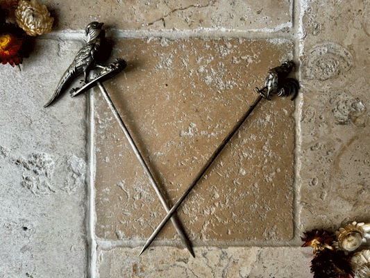 antique french figural silver plated pheasant chicken figural pie marker brochette