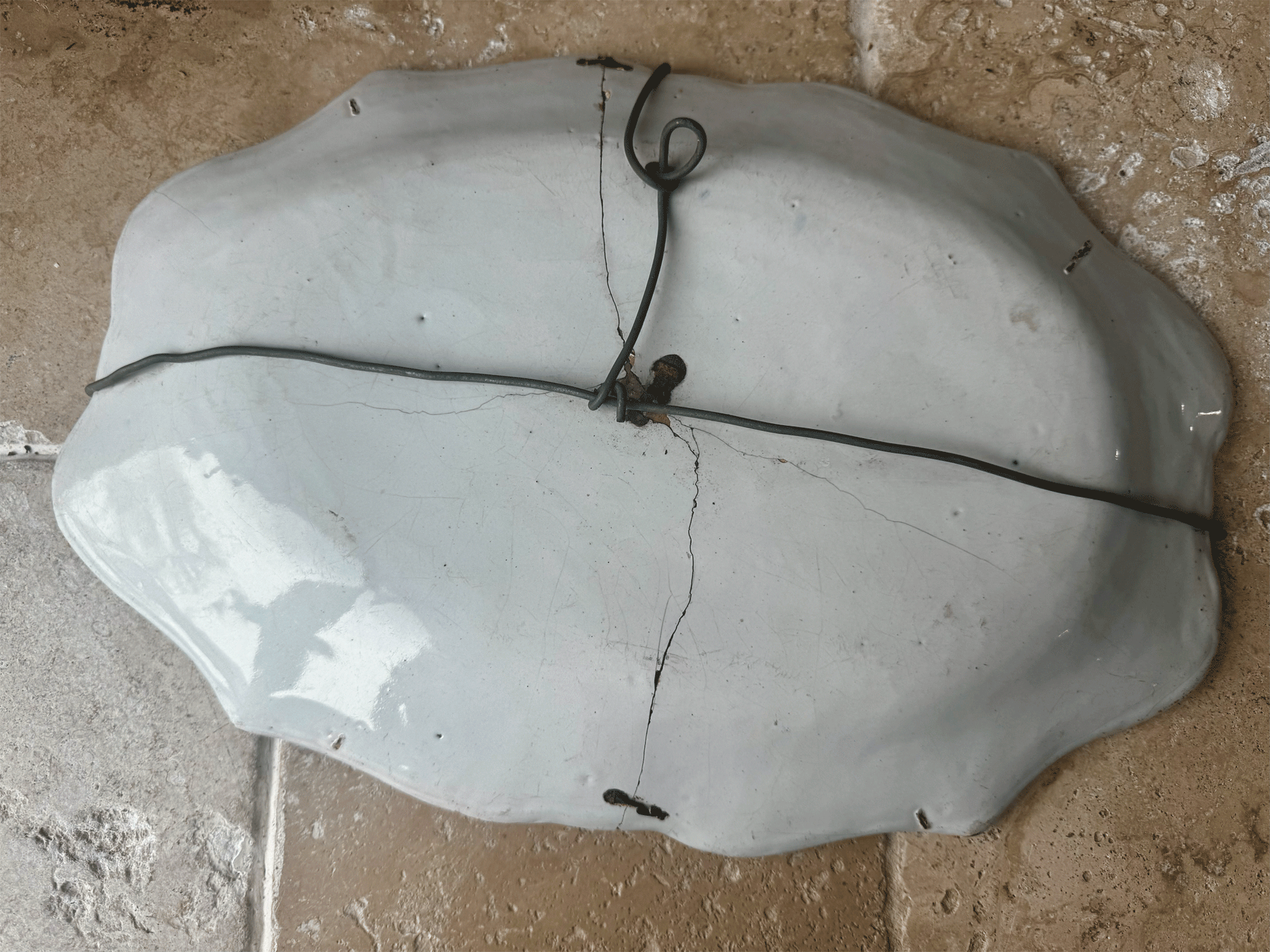 antique french large hand painted 19th century platter blue floral motif stapled repair