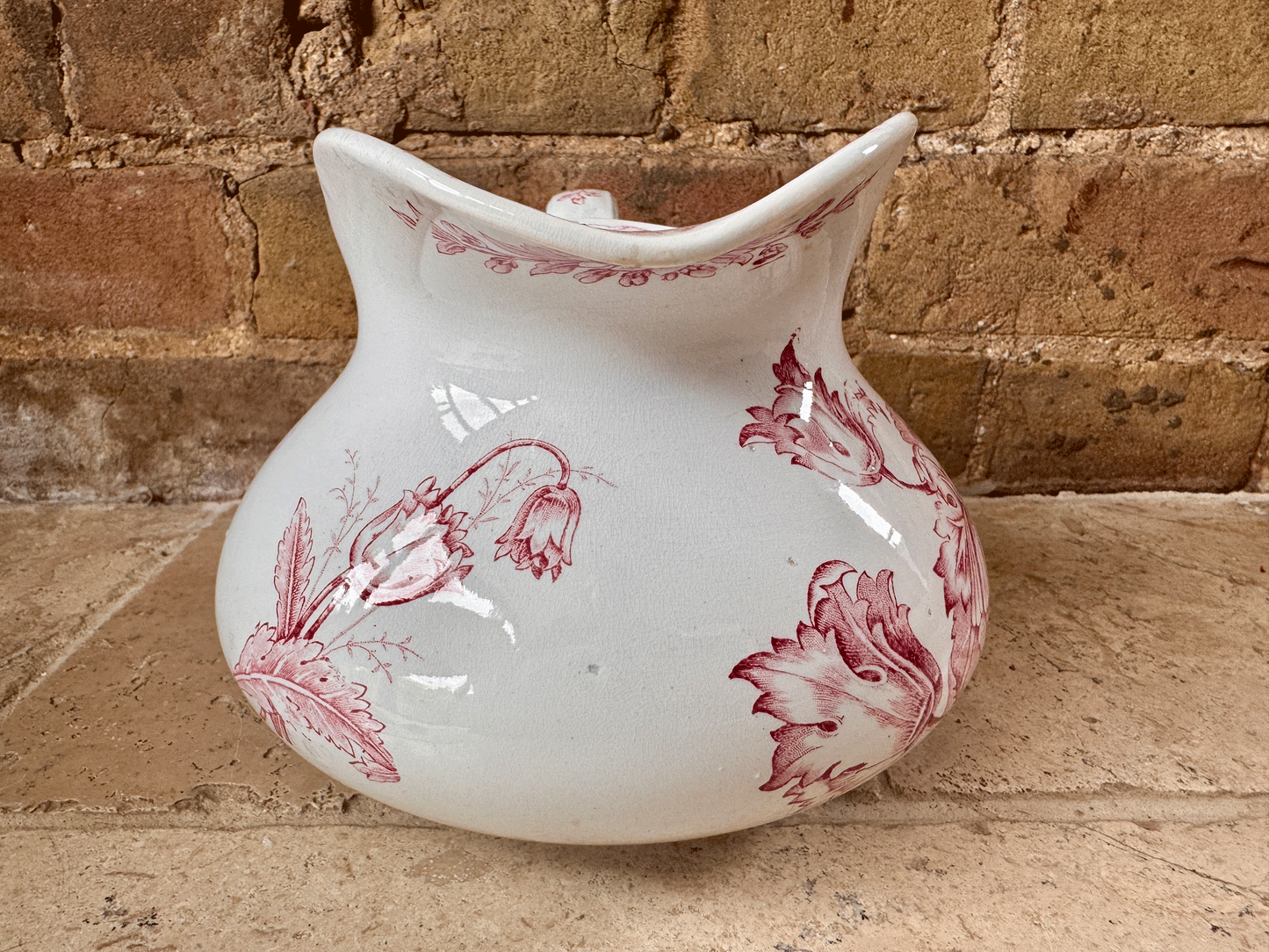 antique french ironstone terre de fer pink transferware floral decoration water ewer jug pitcher vase