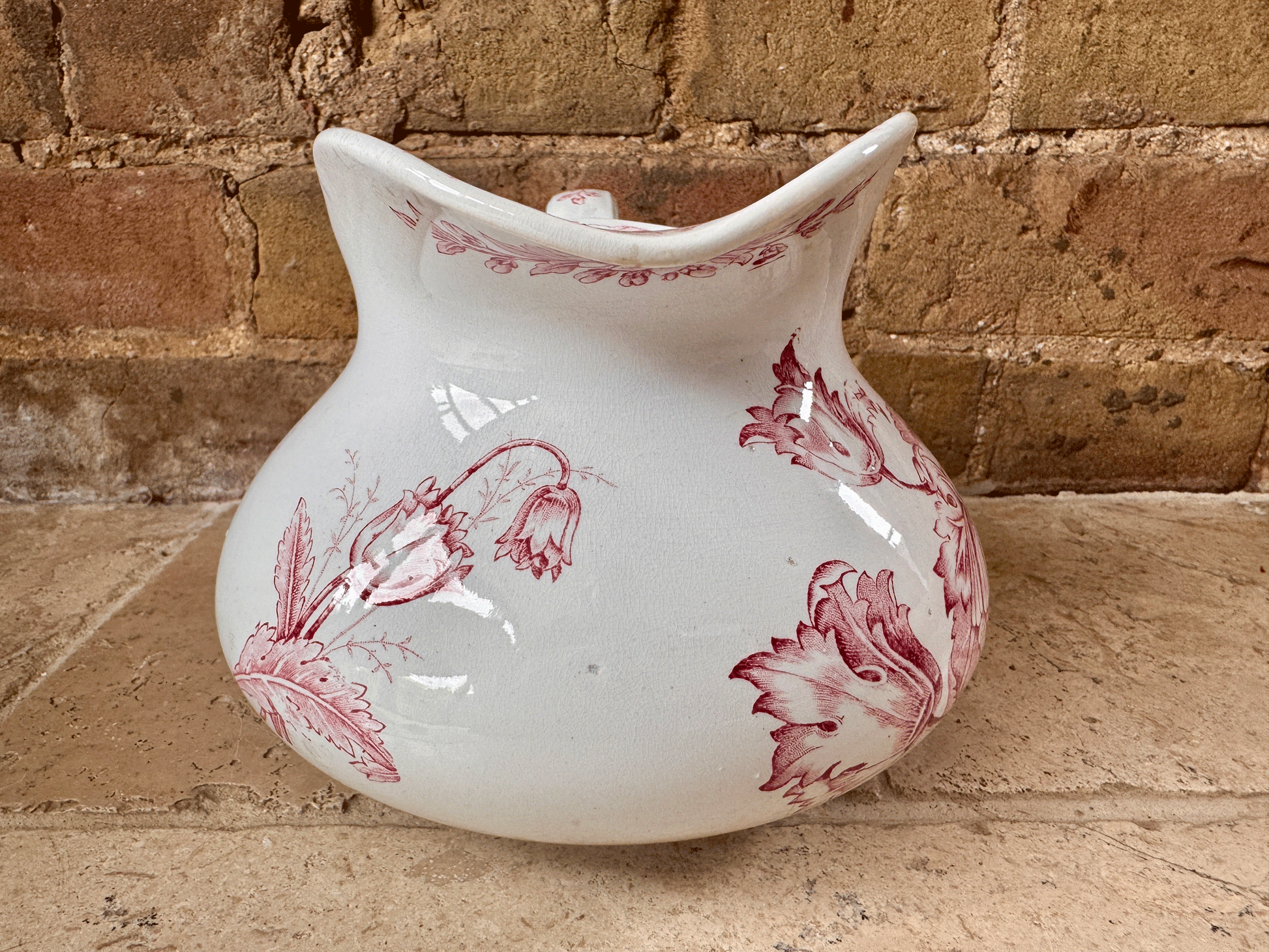 antique french ironstone terre de fer pink transferware floral decoration water ewer jug pitcher vase
