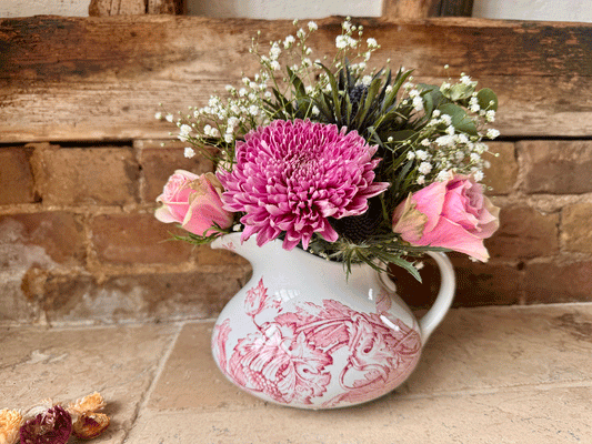 antique french ironstone terre de fer pink transferware floral decoration water ewer jug pitcher vase