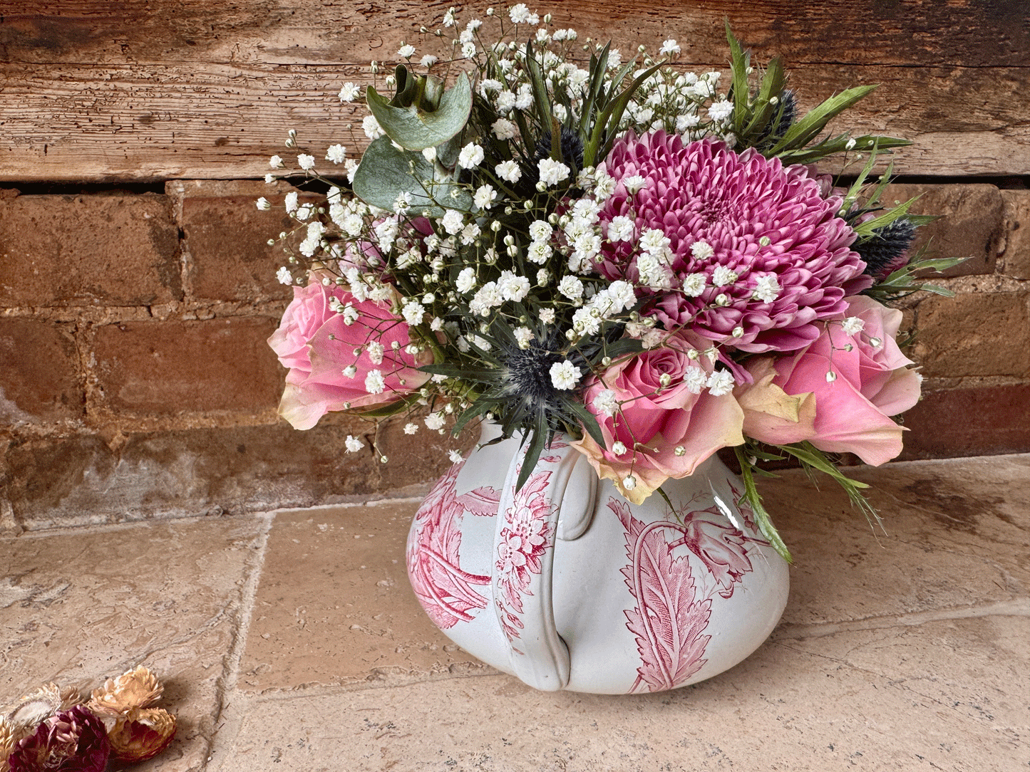 antique french ironstone terre de fer pink transferware floral decoration water ewer jug pitcher vase