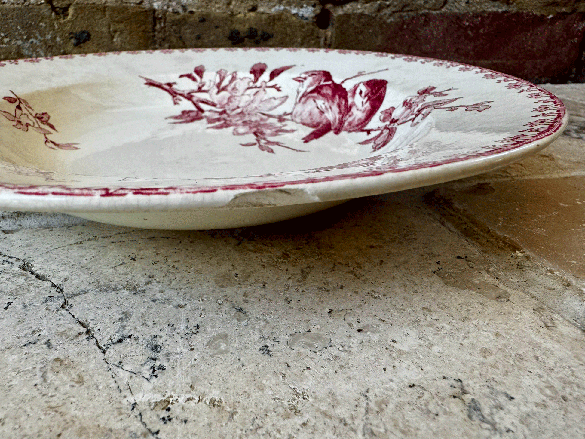 rare antique pink transferware sarreguemines favori terre de fer ironstone soup bowl