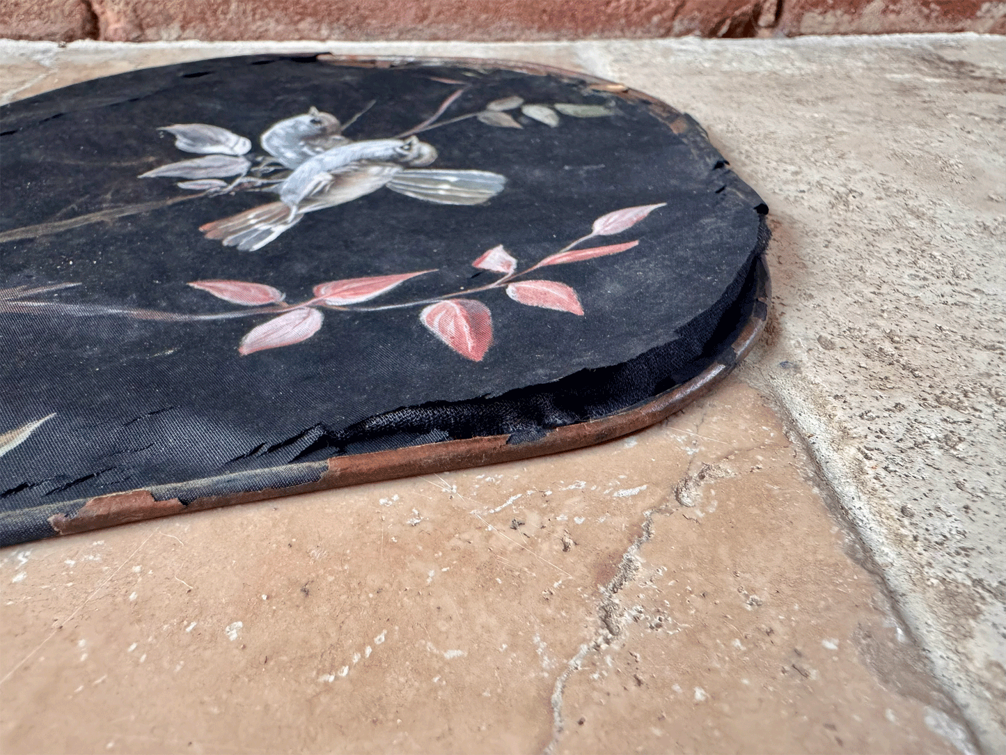 antique french hand painted silk fireside face screen fan birds florals 19th century