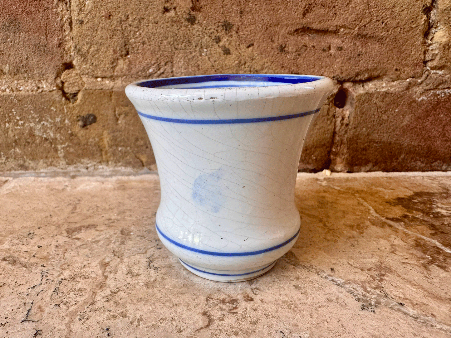 antique thick heavyset ironstone brulot french coffee brandy cup mug blue decoration rim