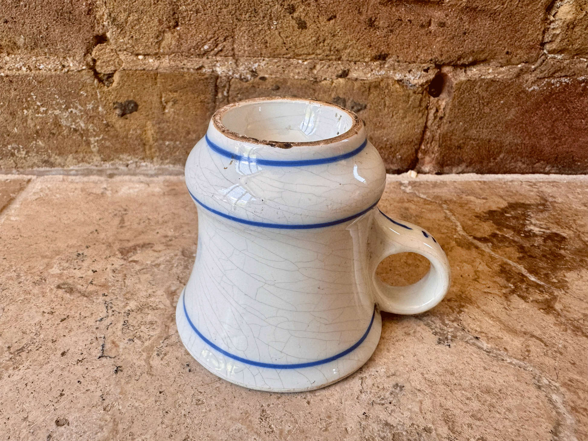 antique thick heavyset ironstone brulot french coffee brandy cup mug blue decoration rim