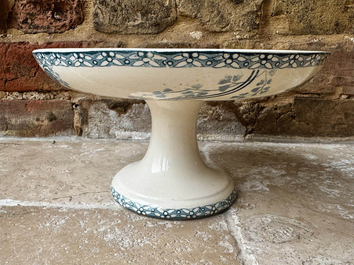 antique french teal transferware ironstone terre de fer compotier compote dish stand royat floral pattern sarreguemines