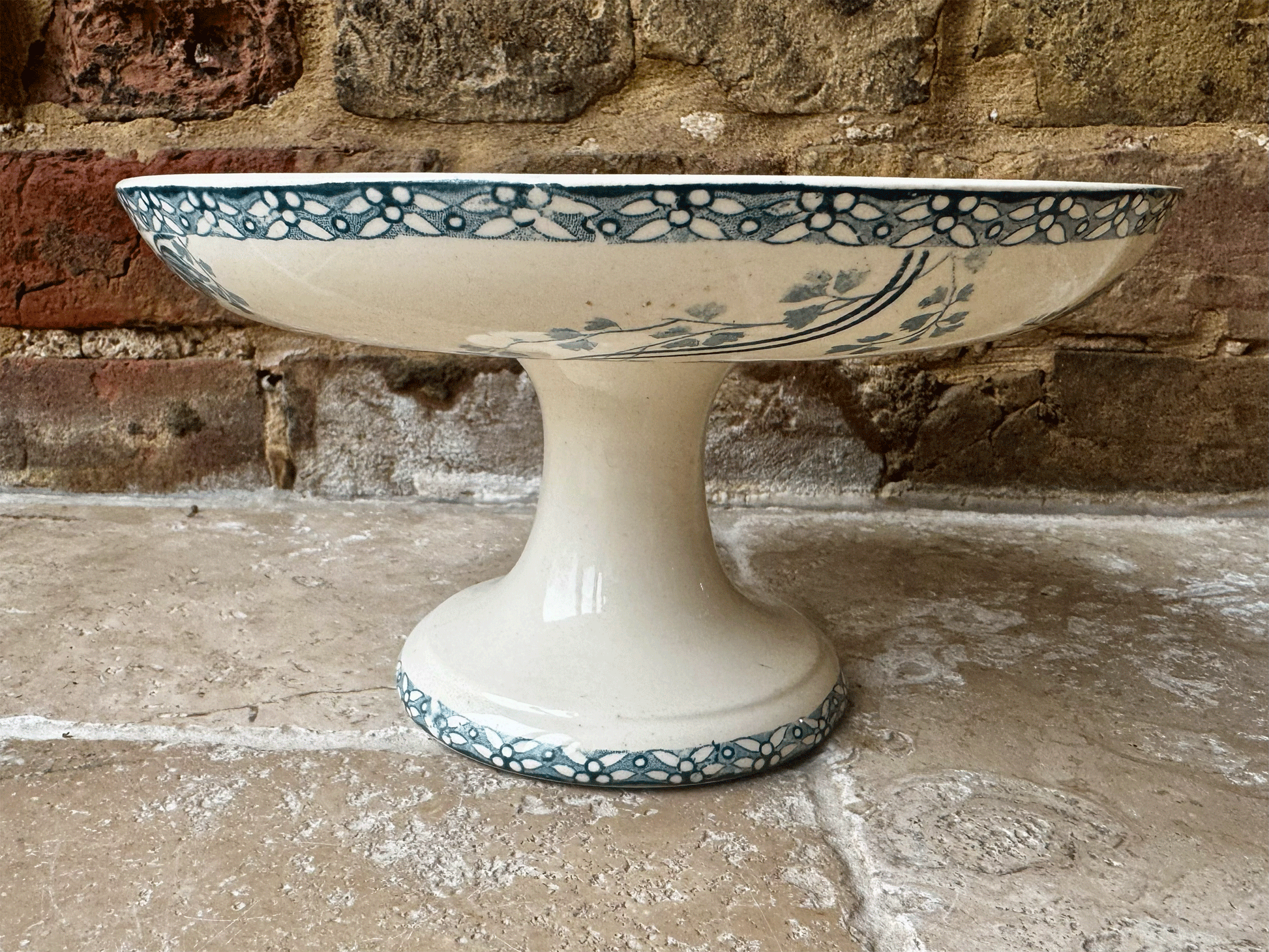 antique french teal transferware ironstone terre de fer compotier compote dish stand royat floral pattern sarreguemines