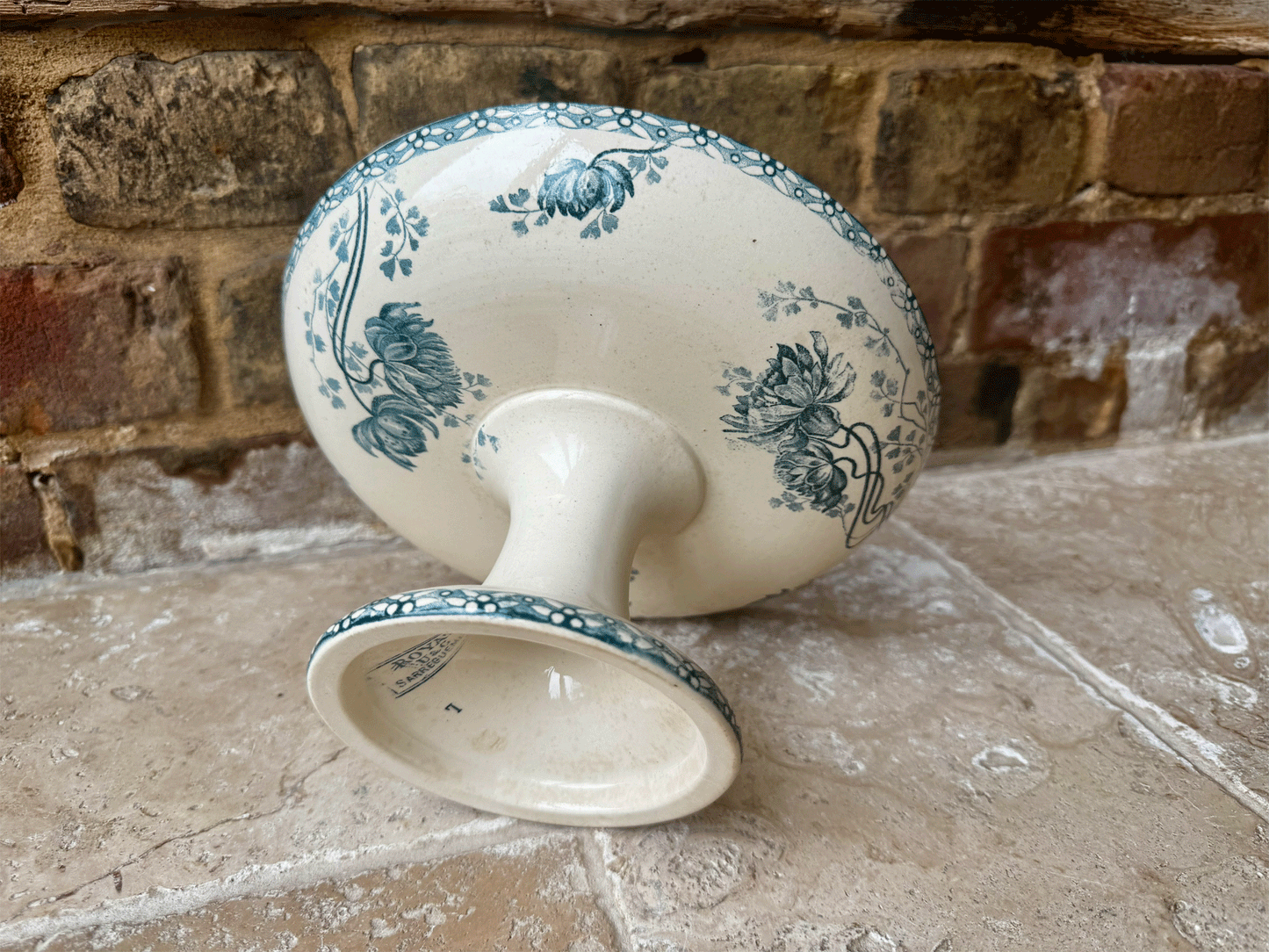 antique french teal transferware ironstone terre de fer compotier compote dish stand royat floral pattern sarreguemines