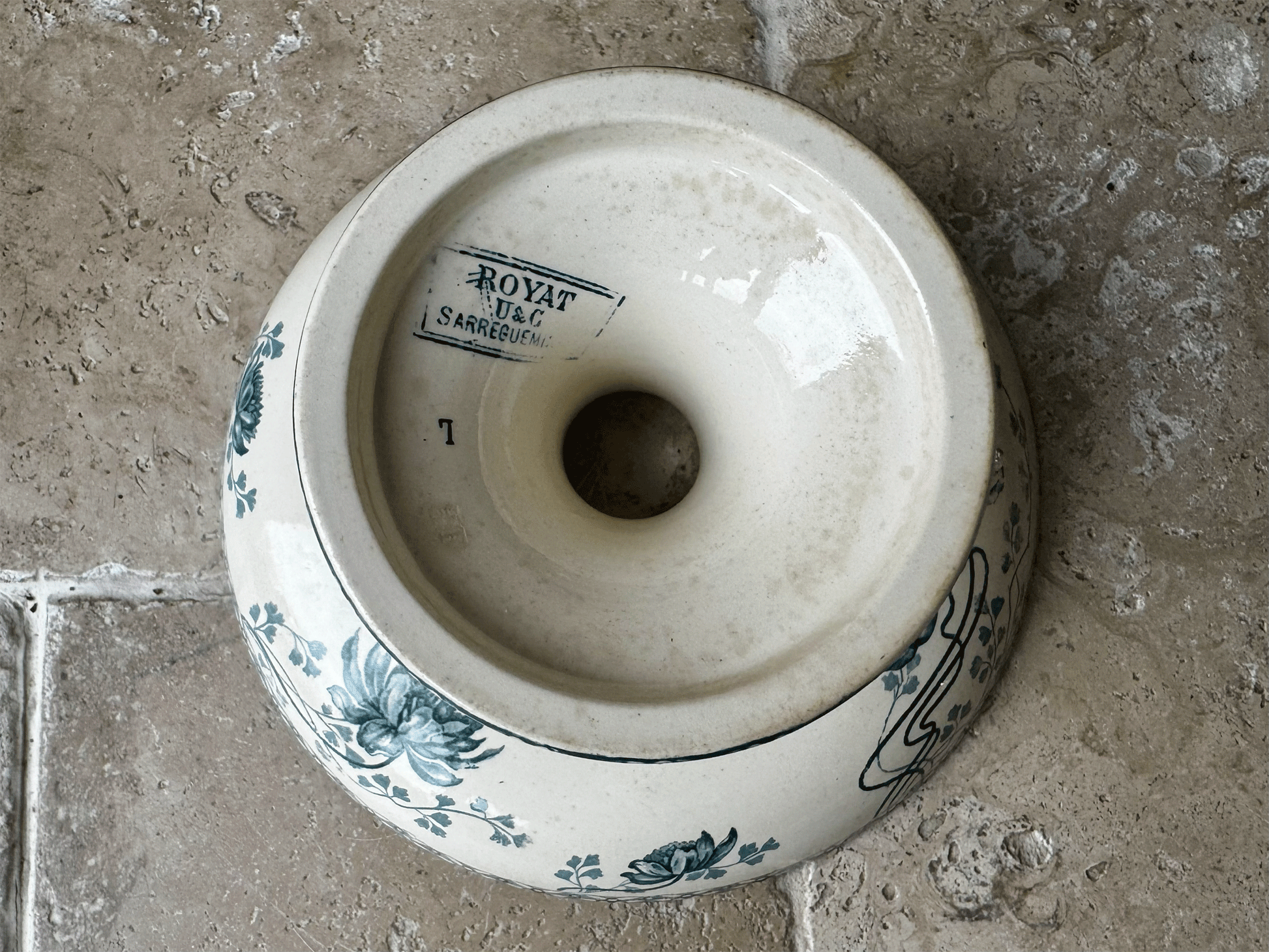 antique french teal transferware ironstone terre de fer compotier compote dish stand royat floral pattern sarreguemines