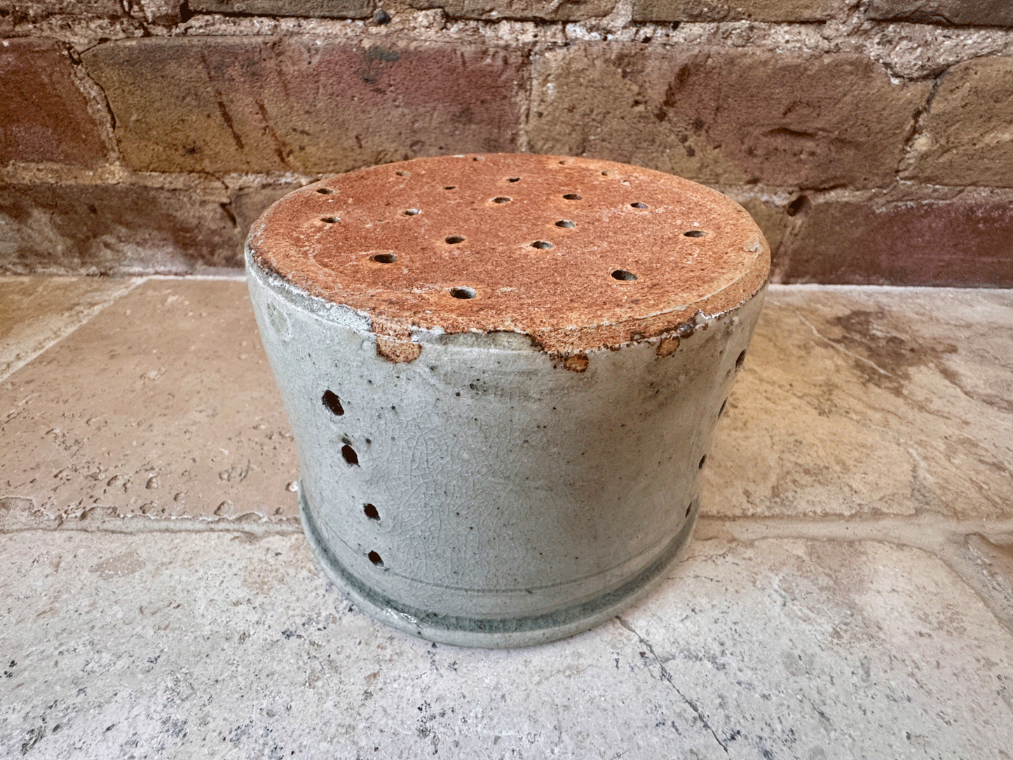 antique french large creamy grey rustic pierced faisselle cheese drainer