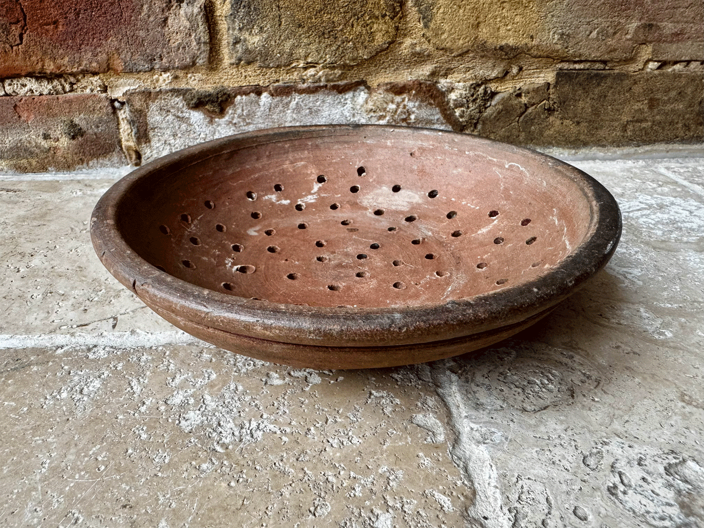 rustic antique earthenware stoneware terracotta pierced berry bowl drainer faisselle