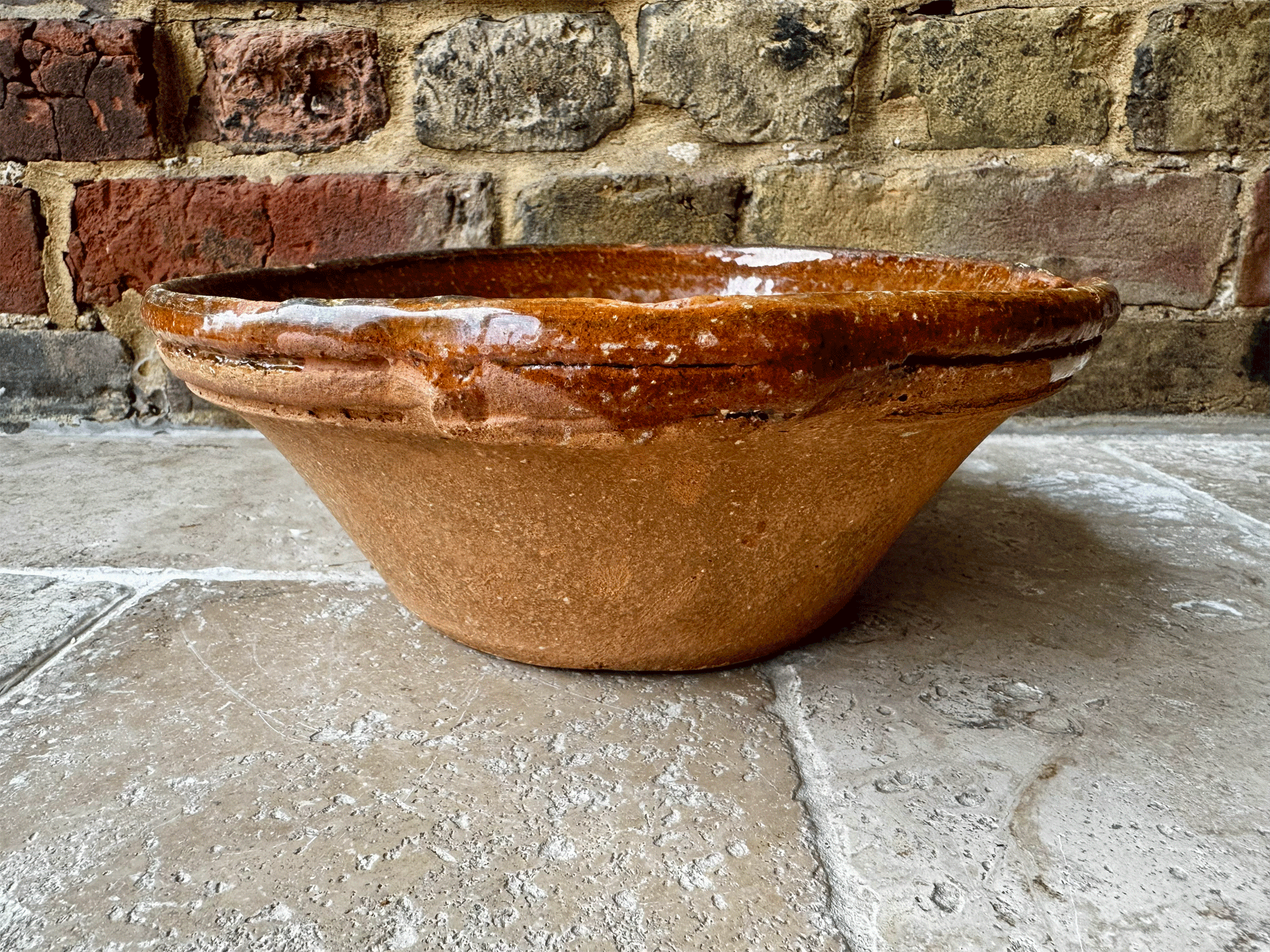 antique french rustic dairy pan mixing bowl pancheon stoneware terracotta bowl
