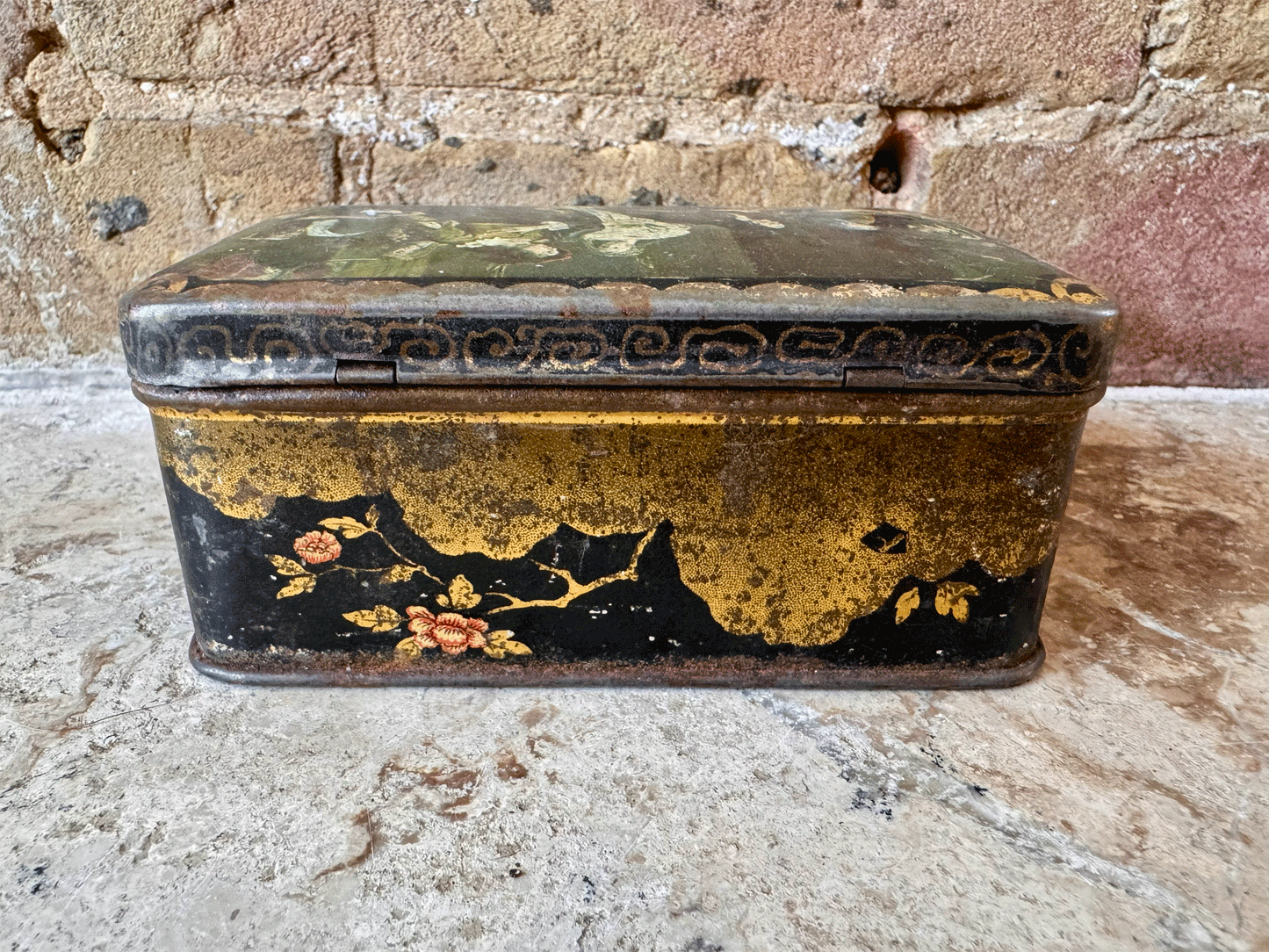 antique vintage french packaging tin chinoiserie religious style rustic interior decor