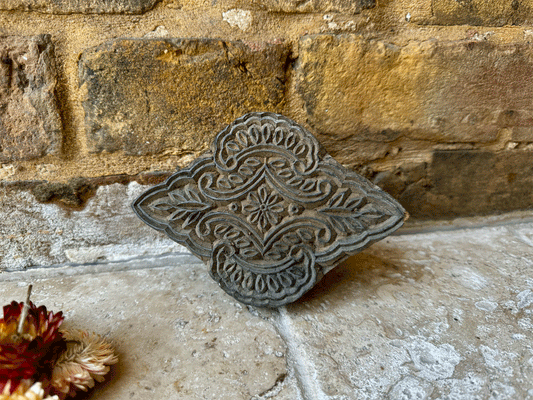 antique french decorative geometric floral carved wooden treen printing block