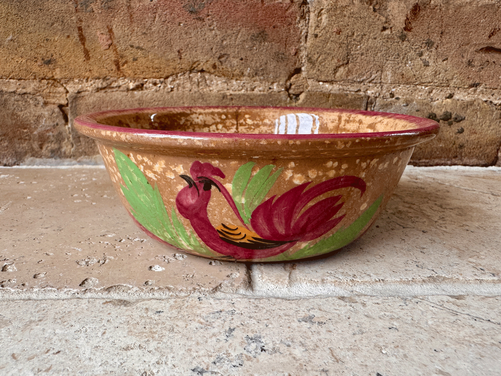 antique french ironstone terre de fer spongeware transferware cockerel bowl sarreguemines