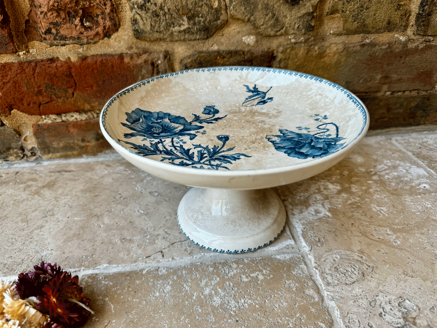 antique sarreguemines timeworn weathered blue transferware compote dish compotier