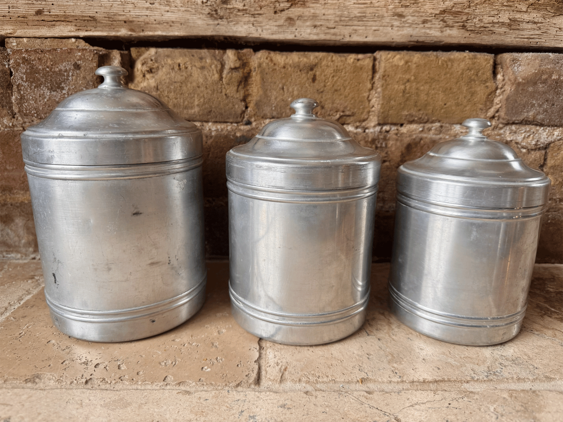 antique french set six aluminium tin kitchen storage canisters jars containers