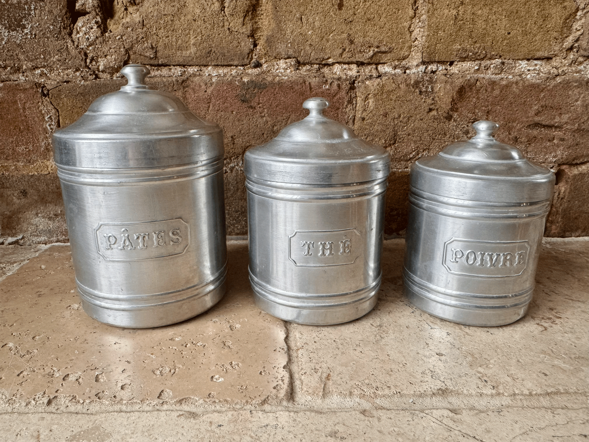 antique french set six aluminium tin kitchen storage canisters jars containers