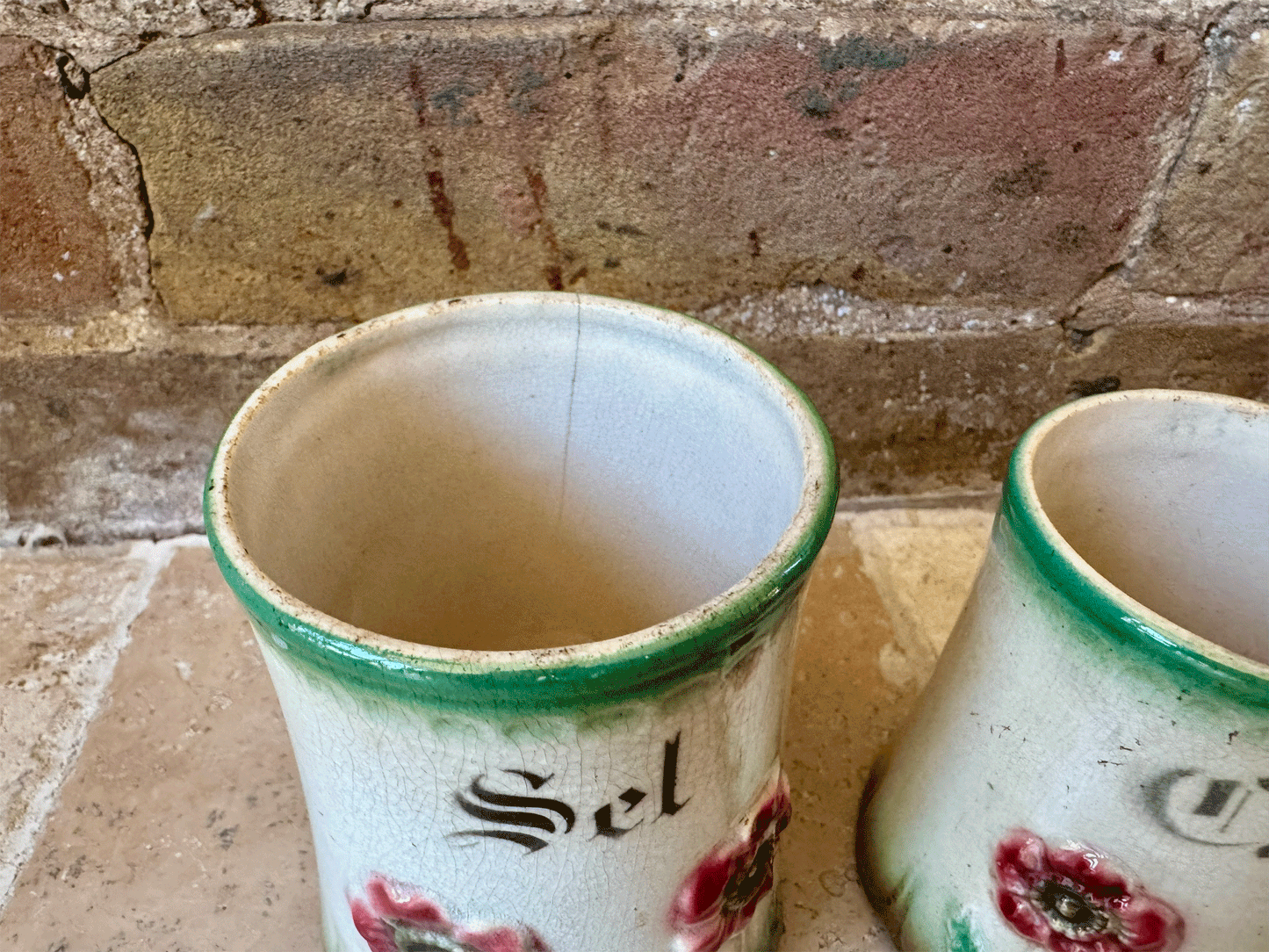 antique french timeworn charming character barbotine majolica relief decoration flowers poppies ironstone set canisters