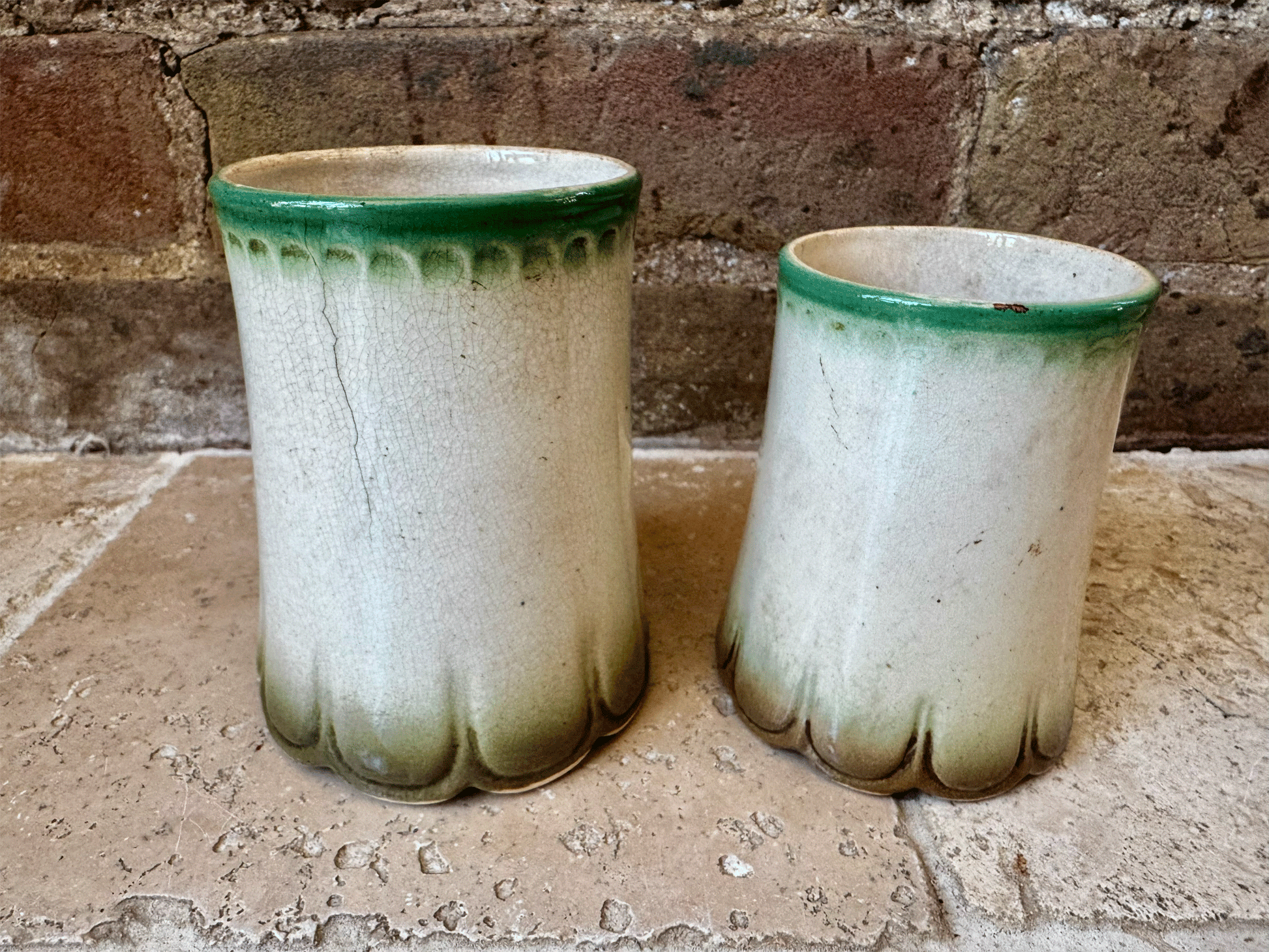antique french timeworn charming character barbotine majolica relief decoration flowers poppies ironstone set canisters