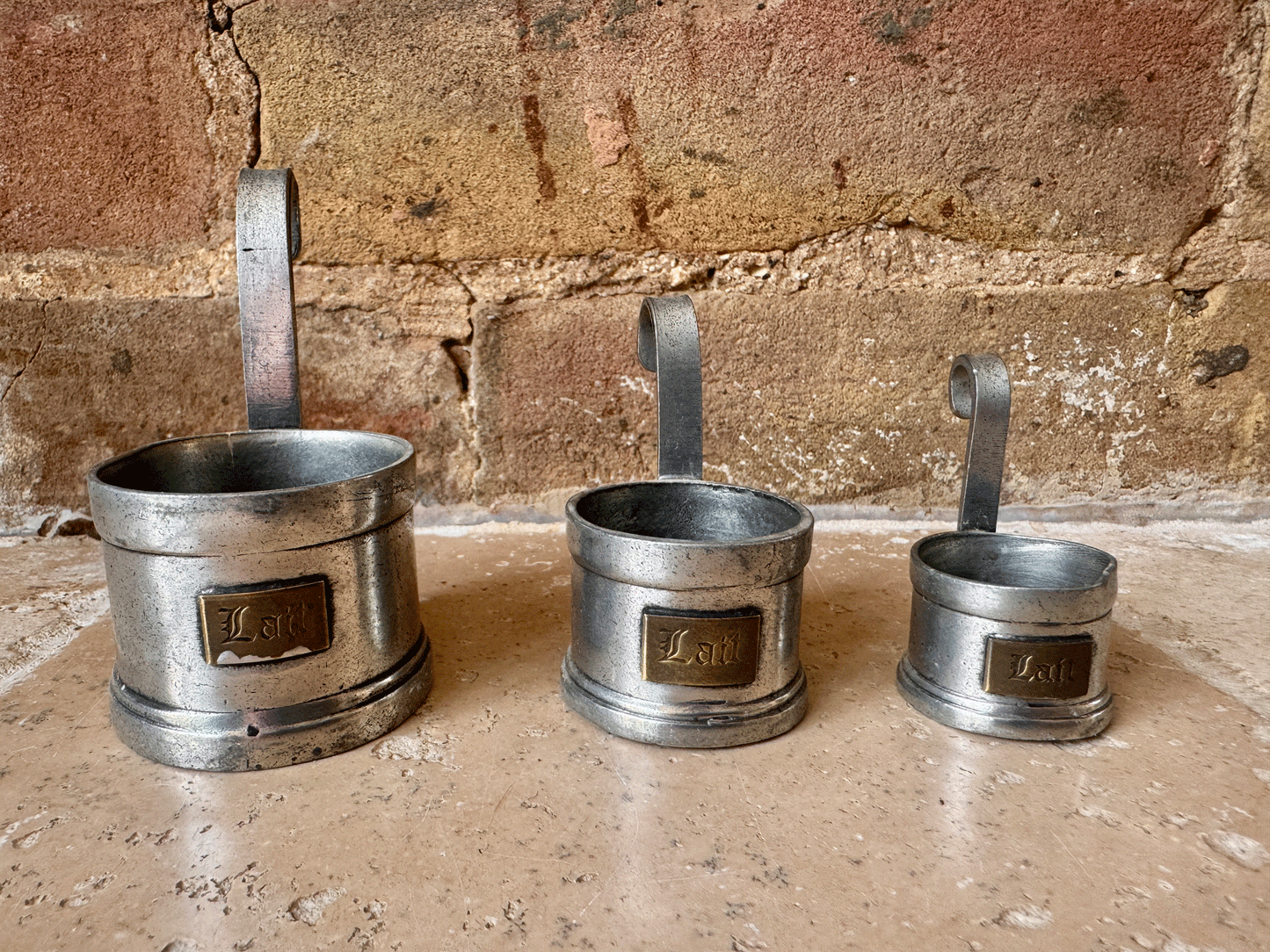 vintage french set pewter lait milk measuring cups ladles brass labels