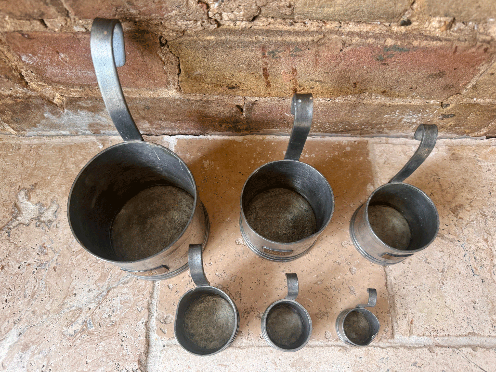 vintage french set pewter lait milk measuring cups ladles brass labels