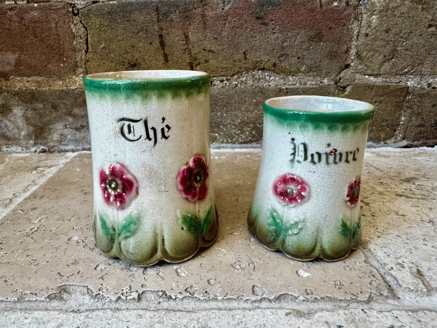antique french timeworn charming character barbotine majolica relief decoration flowers poppies ironstone set canisters