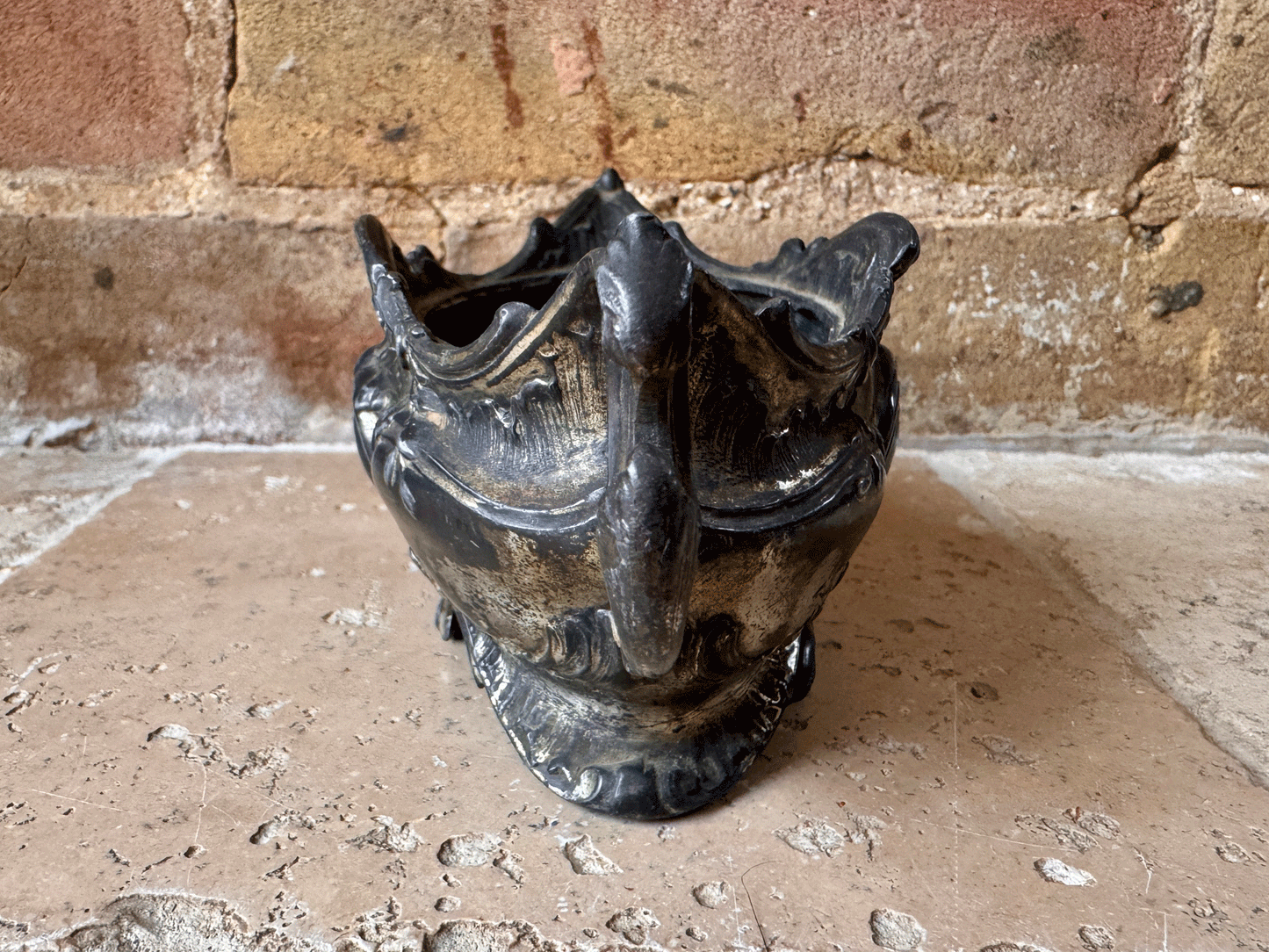 antique timeworn dark patina silver plated rare small jardiniere windowsill vase table centrepiece