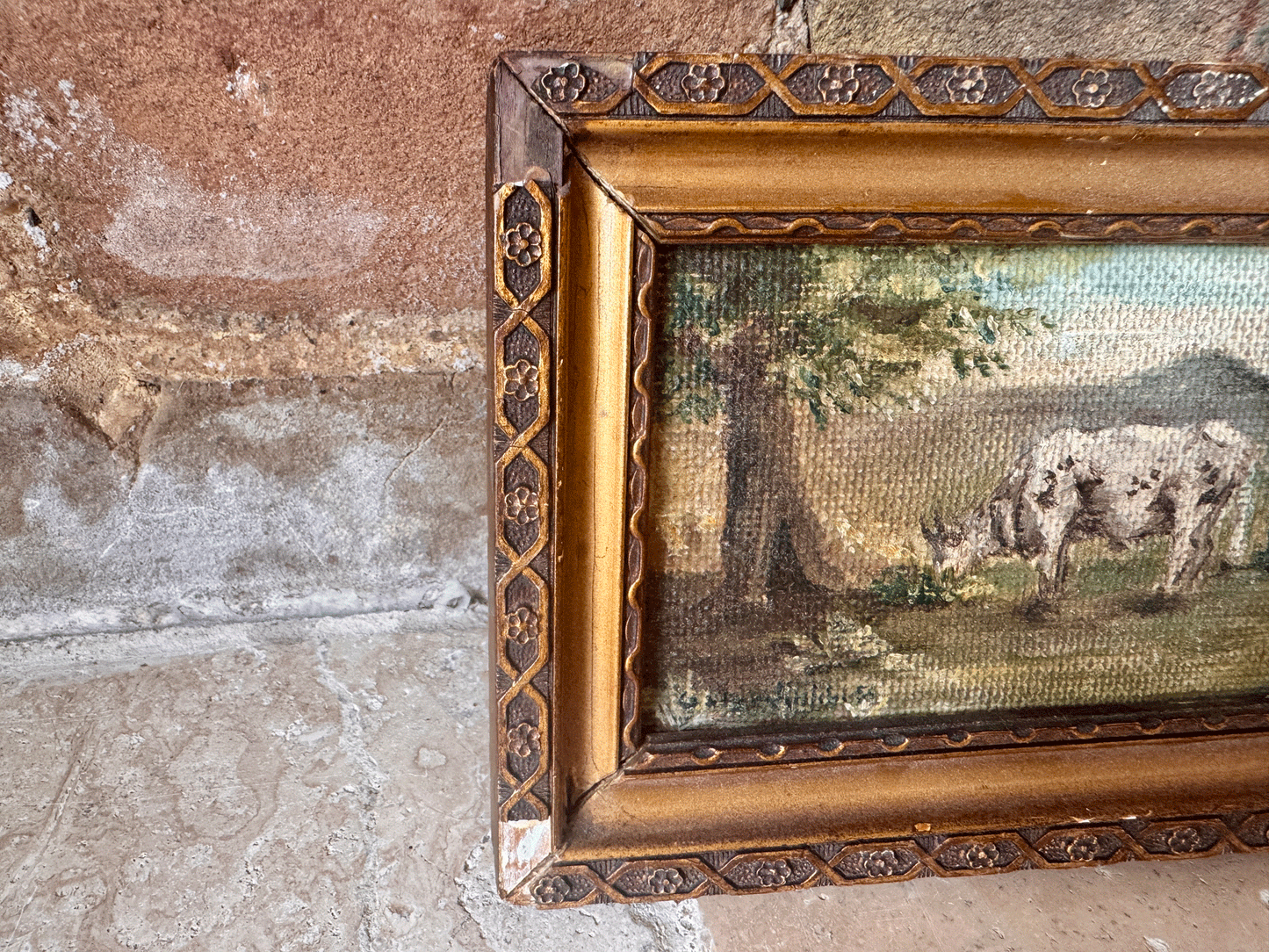 small antique french signed gilt gilded framed oil painting board grazing cow small boy child
