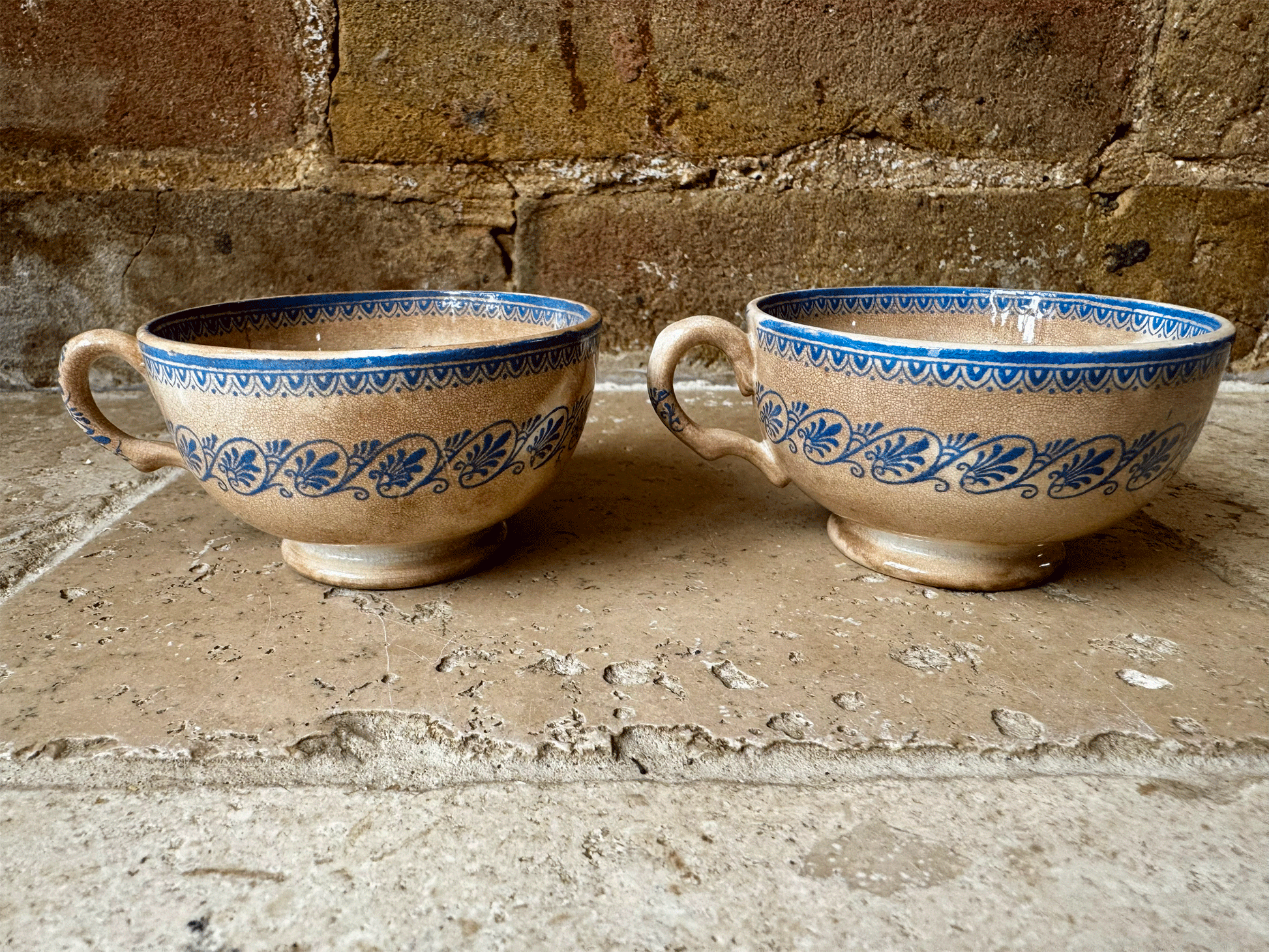 rare antique french timeworn buttery crzed patina blue transferware coffee espresso cup faience blue transferware