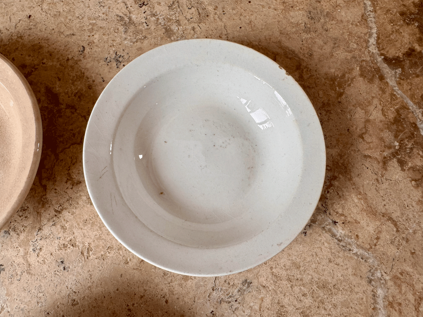 antique french small ceramic white butter pat stack chippy timeworn