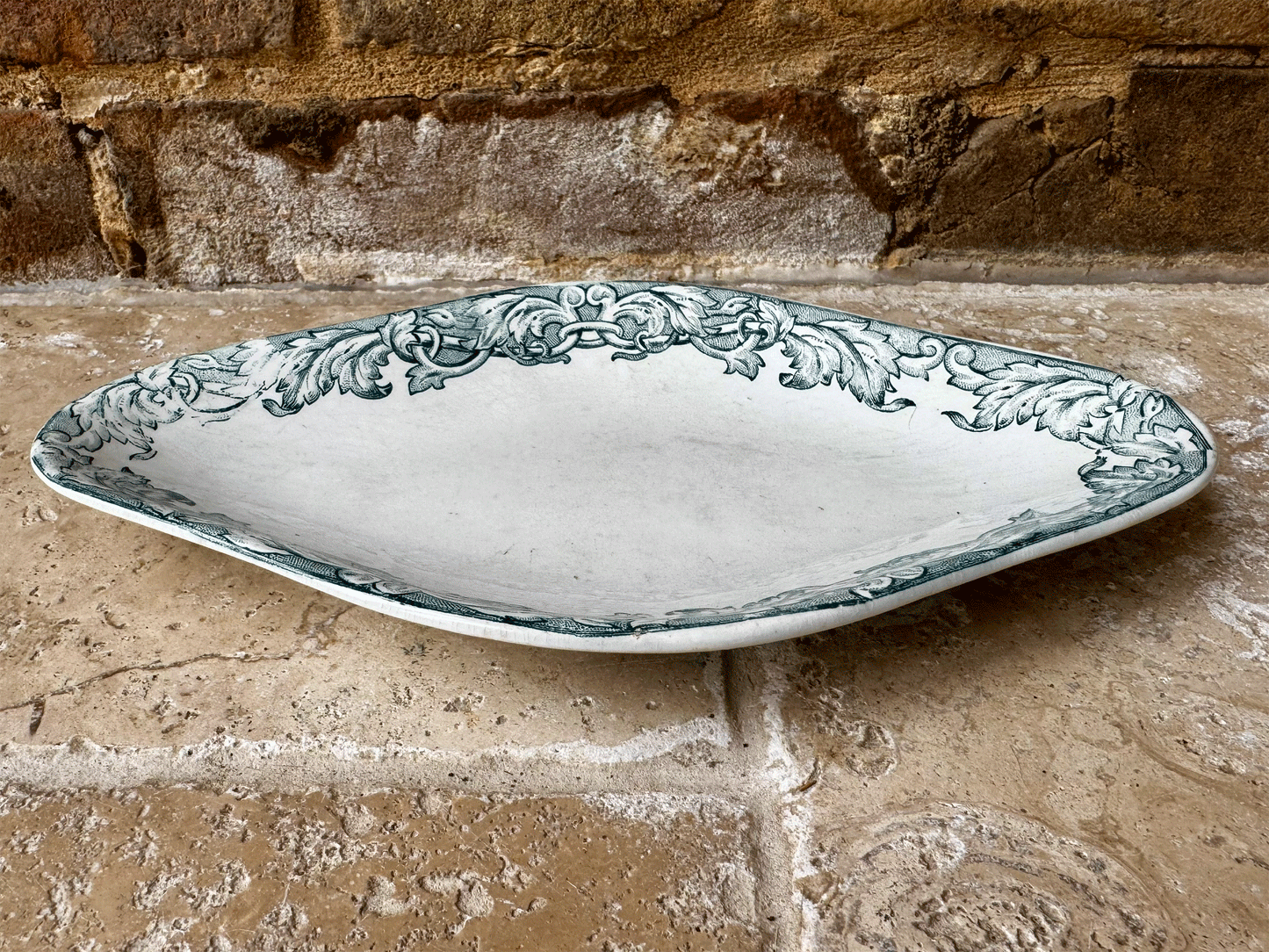 antique french st amand terre de fer ironstone ravier oval plate teal transferware border