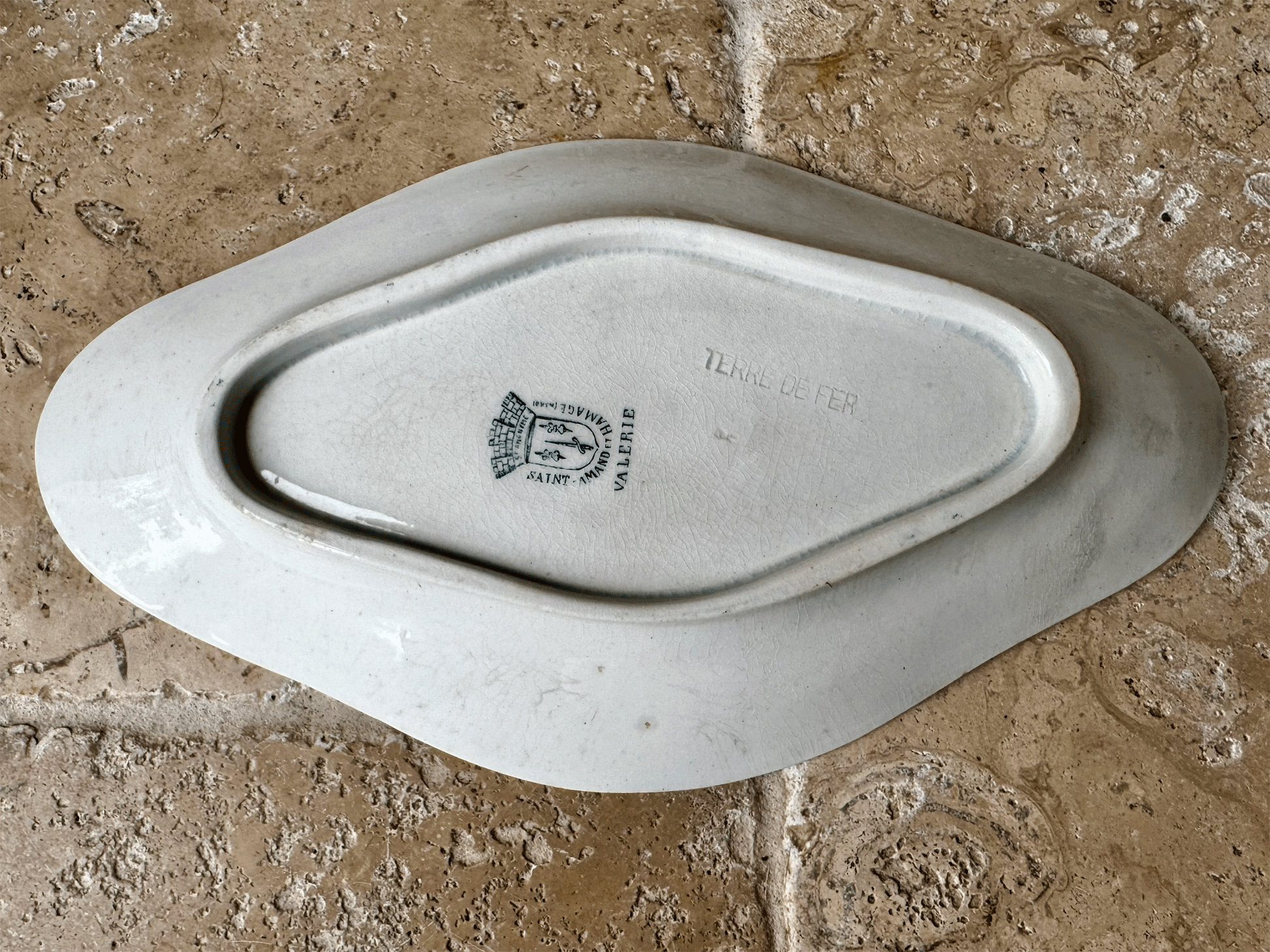 antique french st amand terre de fer ironstone ravier oval plate teal transferware border