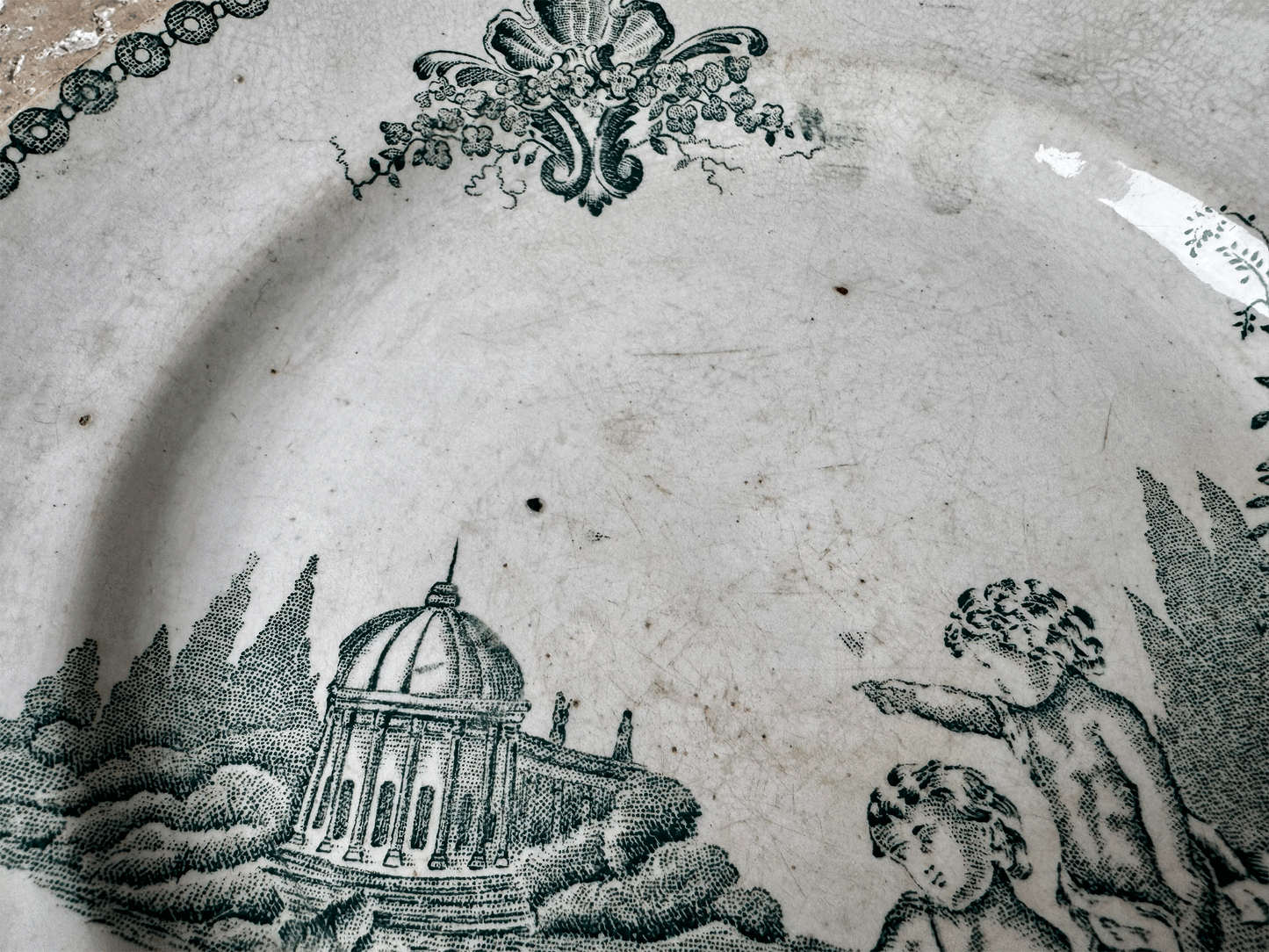 antique french terre de fer green transferware side plate st amand trianon cherubs