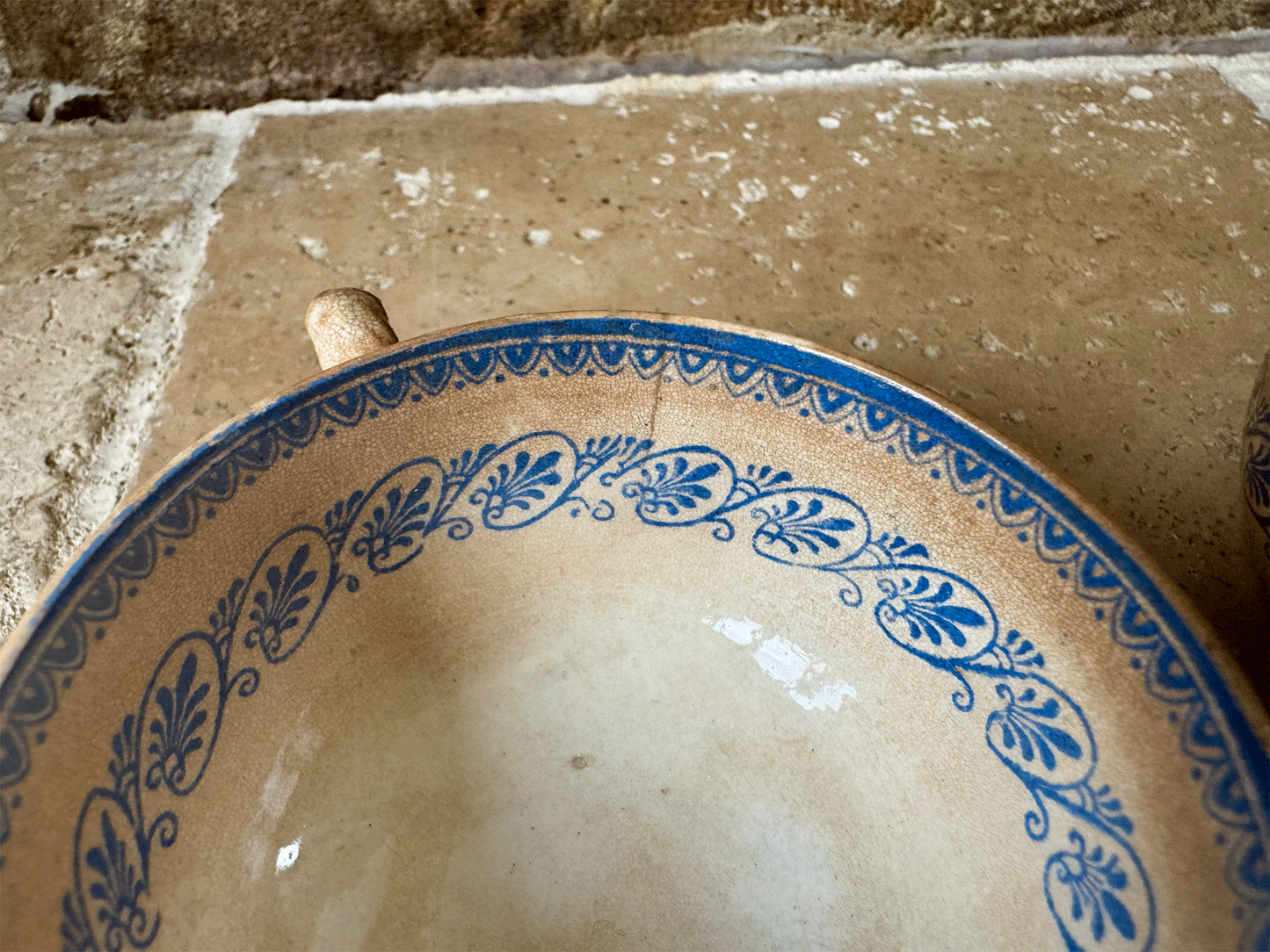 rare antique french timeworn buttery crazed patina blue transferware coffee espresso cup faience blue transferware