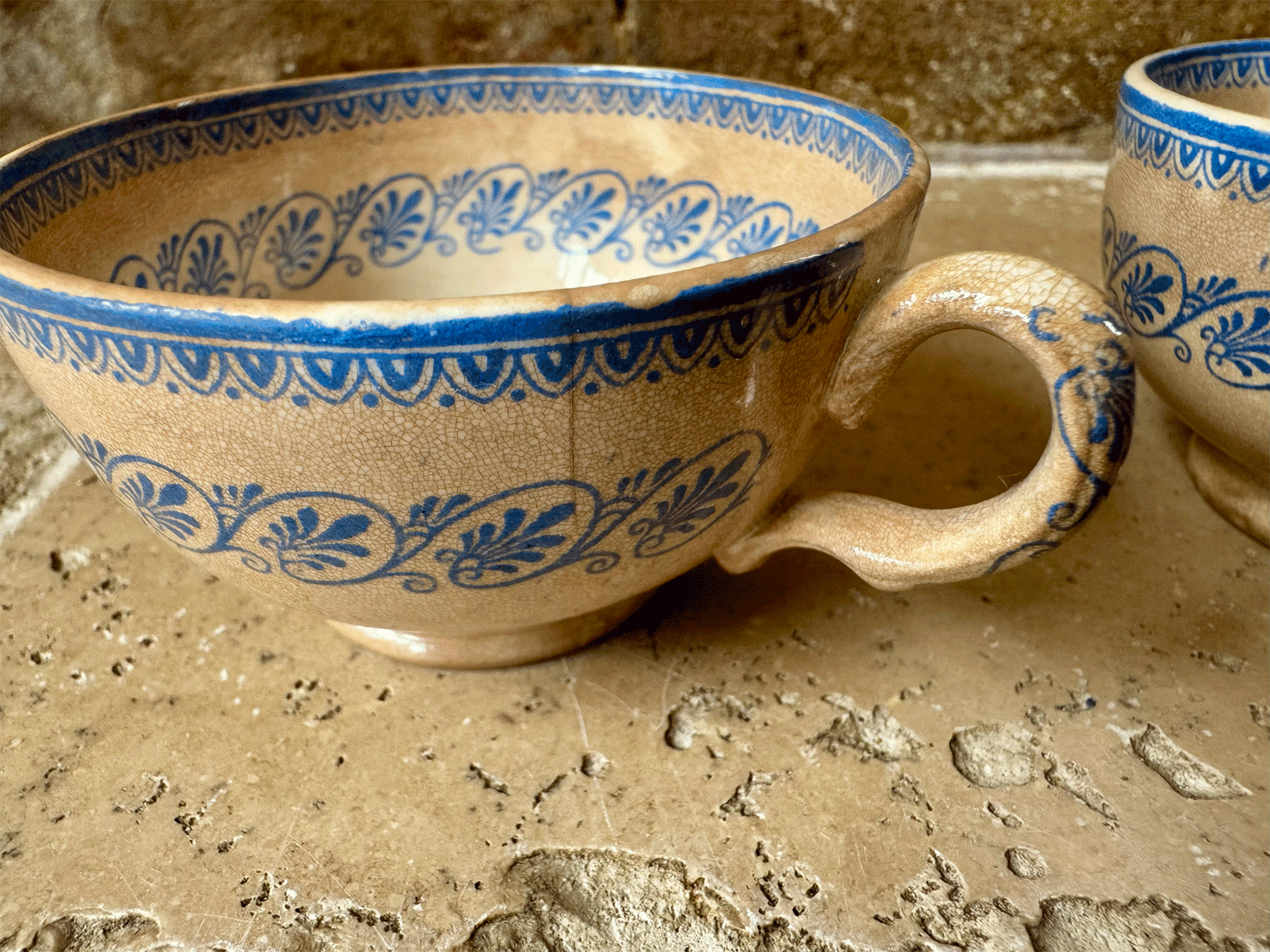 rare antique french timeworn buttery crazed patina blue transferware coffee espresso cup faience blue transferware