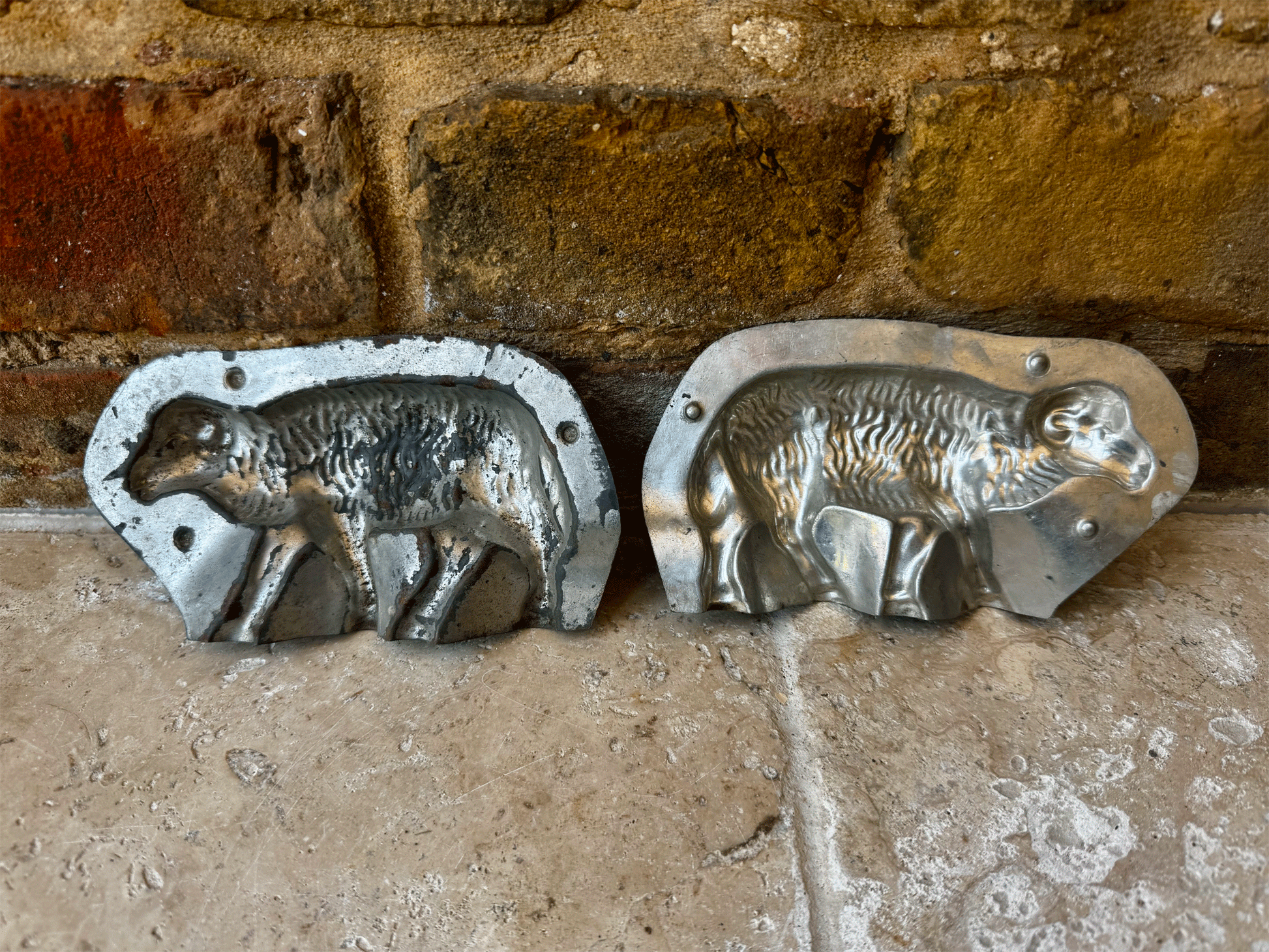 antique french two part piece tin steel chocolate mould easter lamb sheep